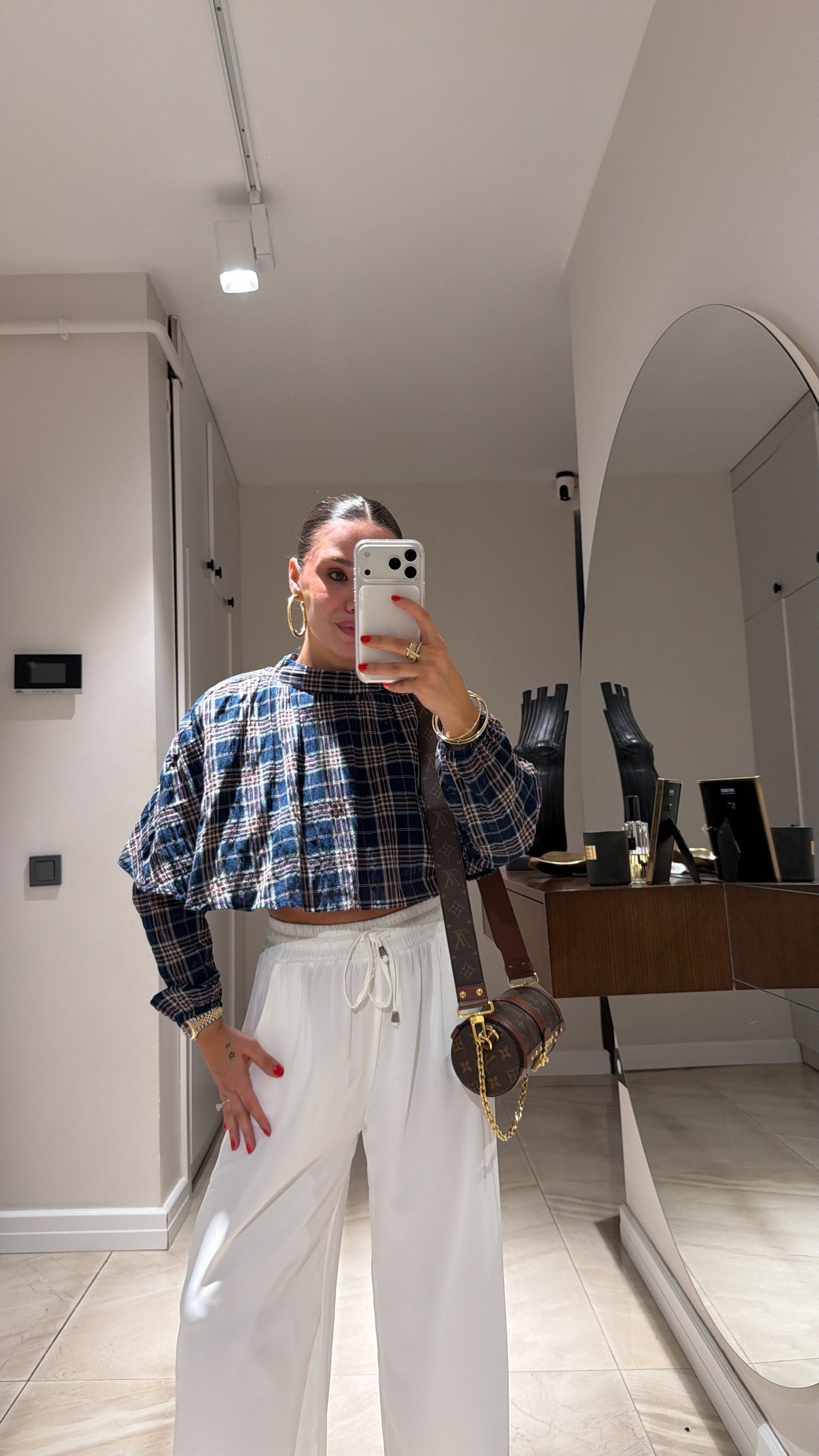 Lacivert Ekose Detaylı Pelerinli Crop Gömlek