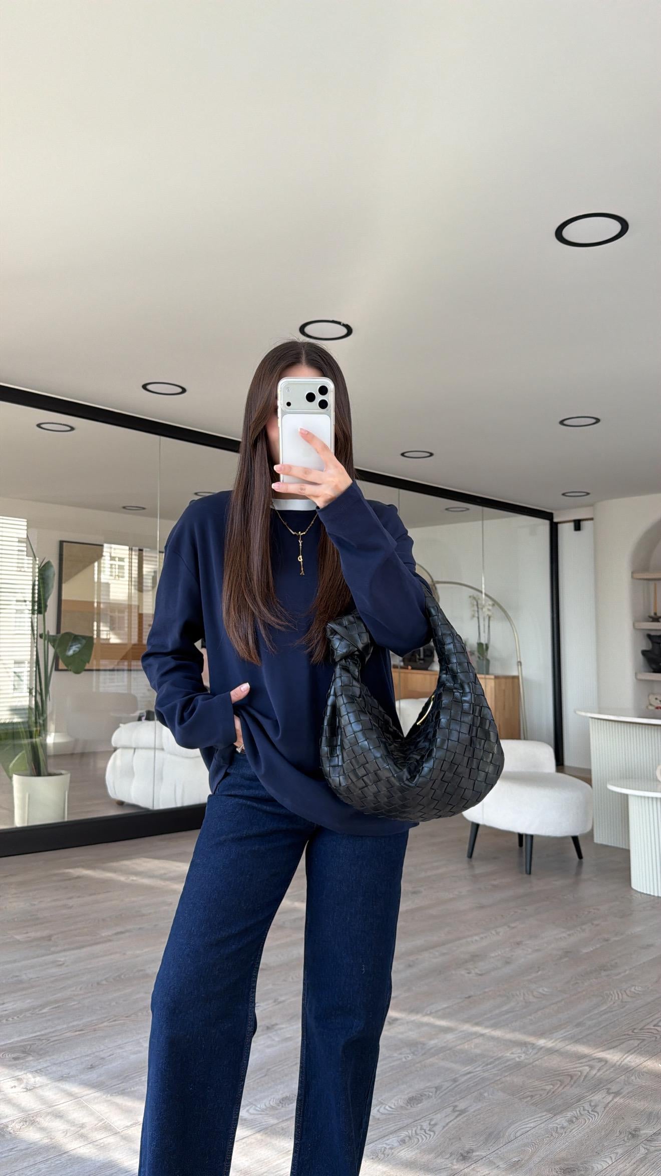 Lacivert Ekru Ribanalı Marka Model İnce Sweat
