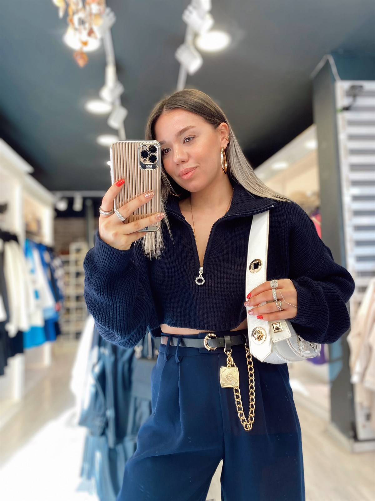 Lacivert Fermuarlı Crop Kazak 