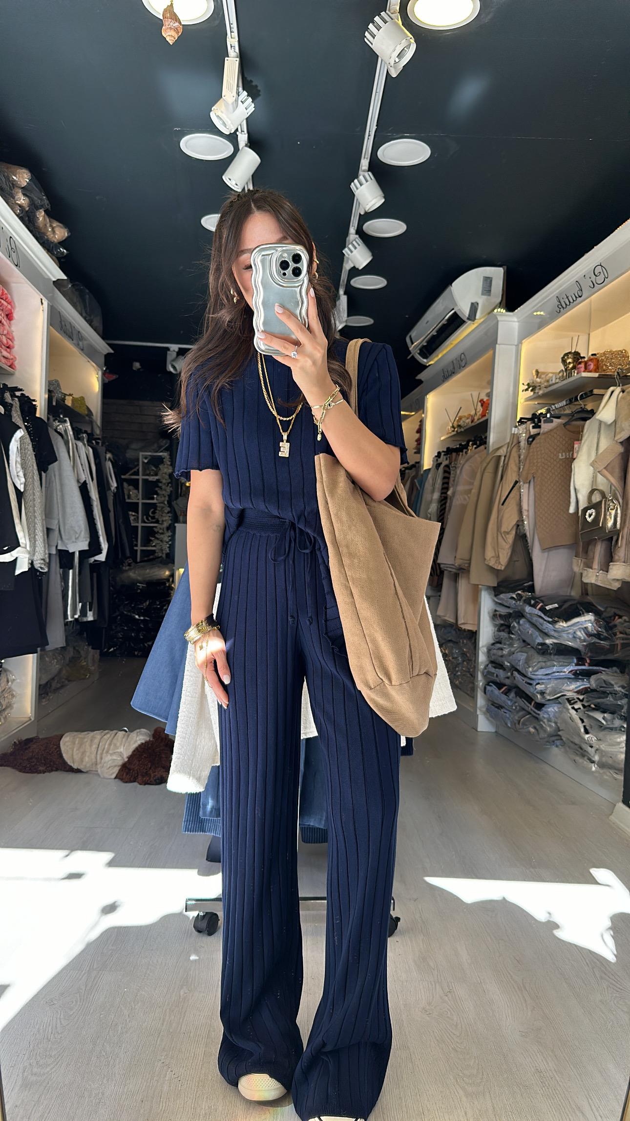 Lacivert Fitilli Kısa Kol Triko Takım