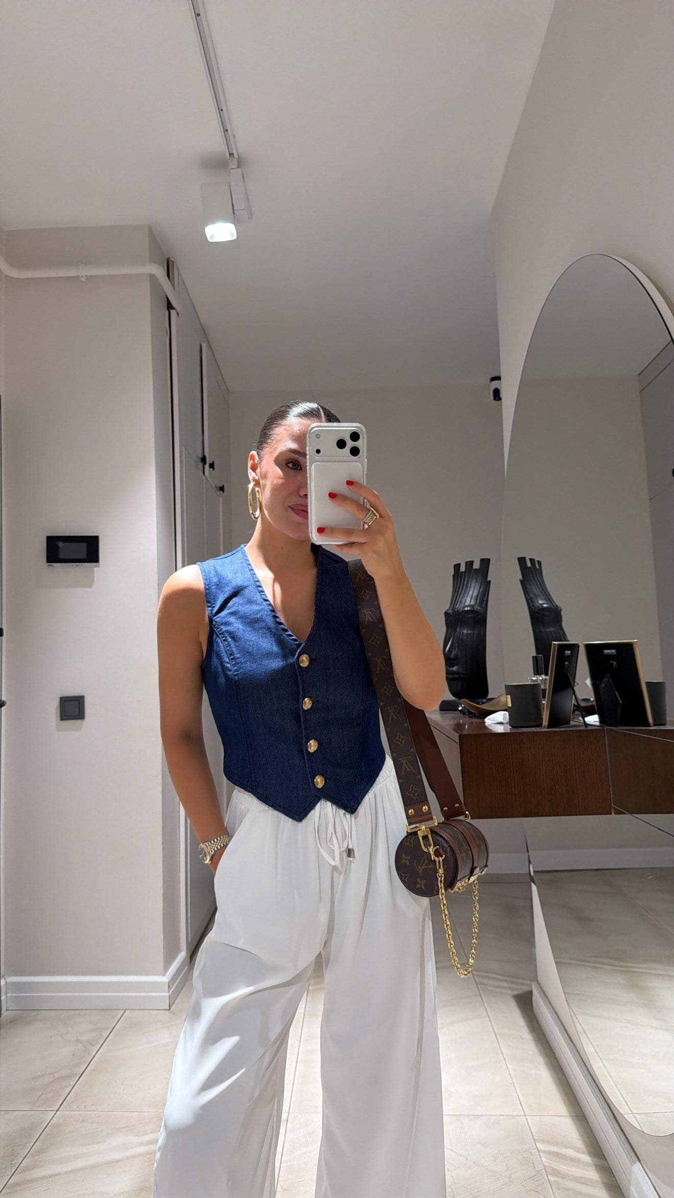 Lacivert Gold Düğme Detaylı Crop Denim Yelek 