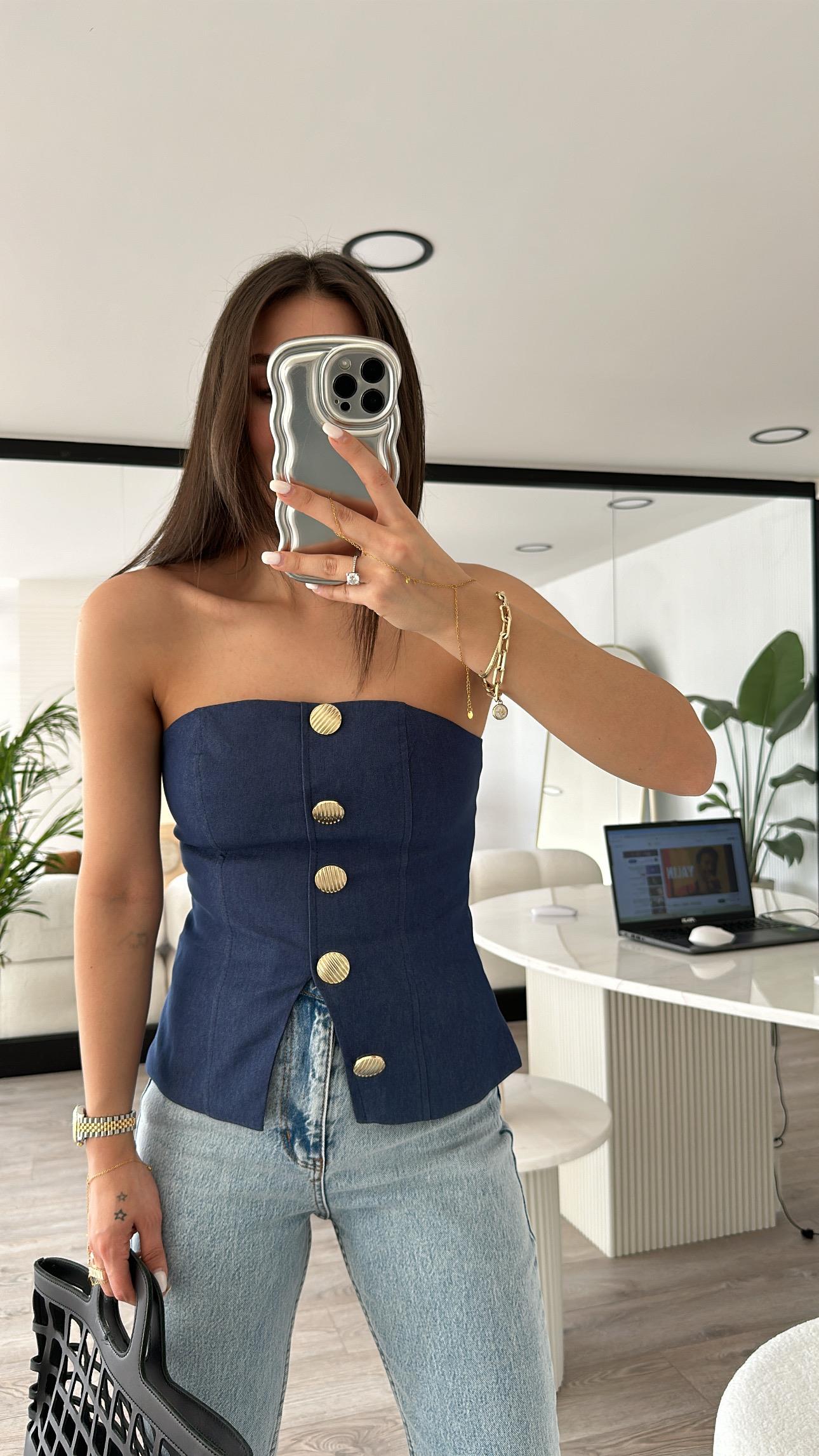 Lacivert Gold Düğme Detaylı Straplez Bluz