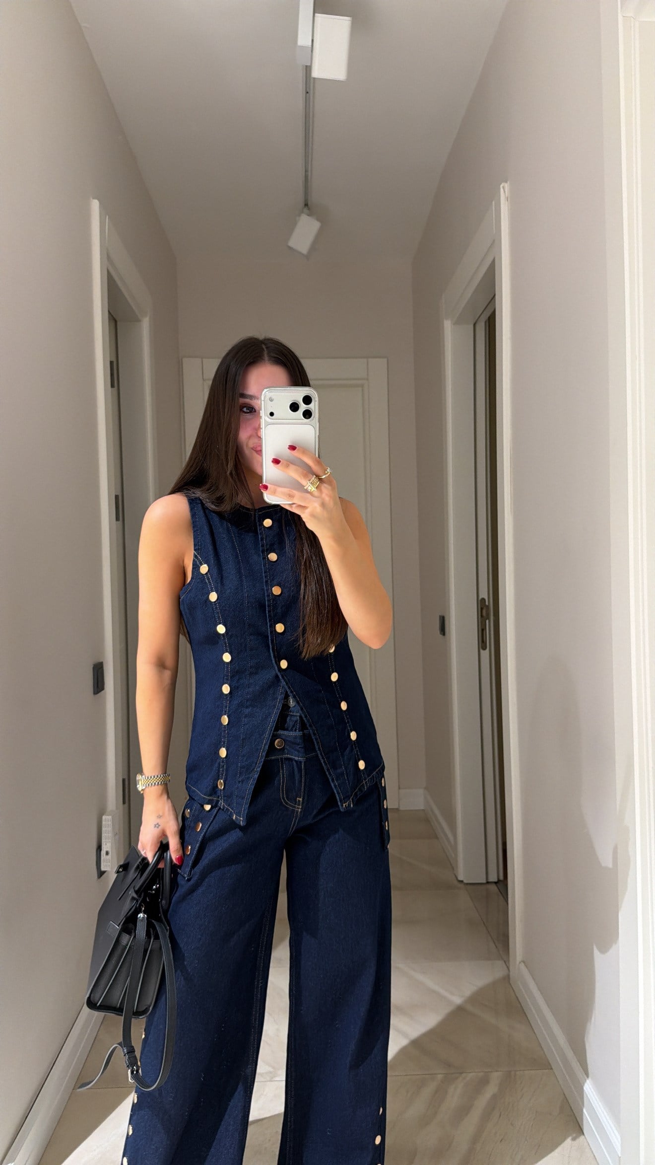 Lacivert Gold Düğmeli Asimetrik Denim Yelek