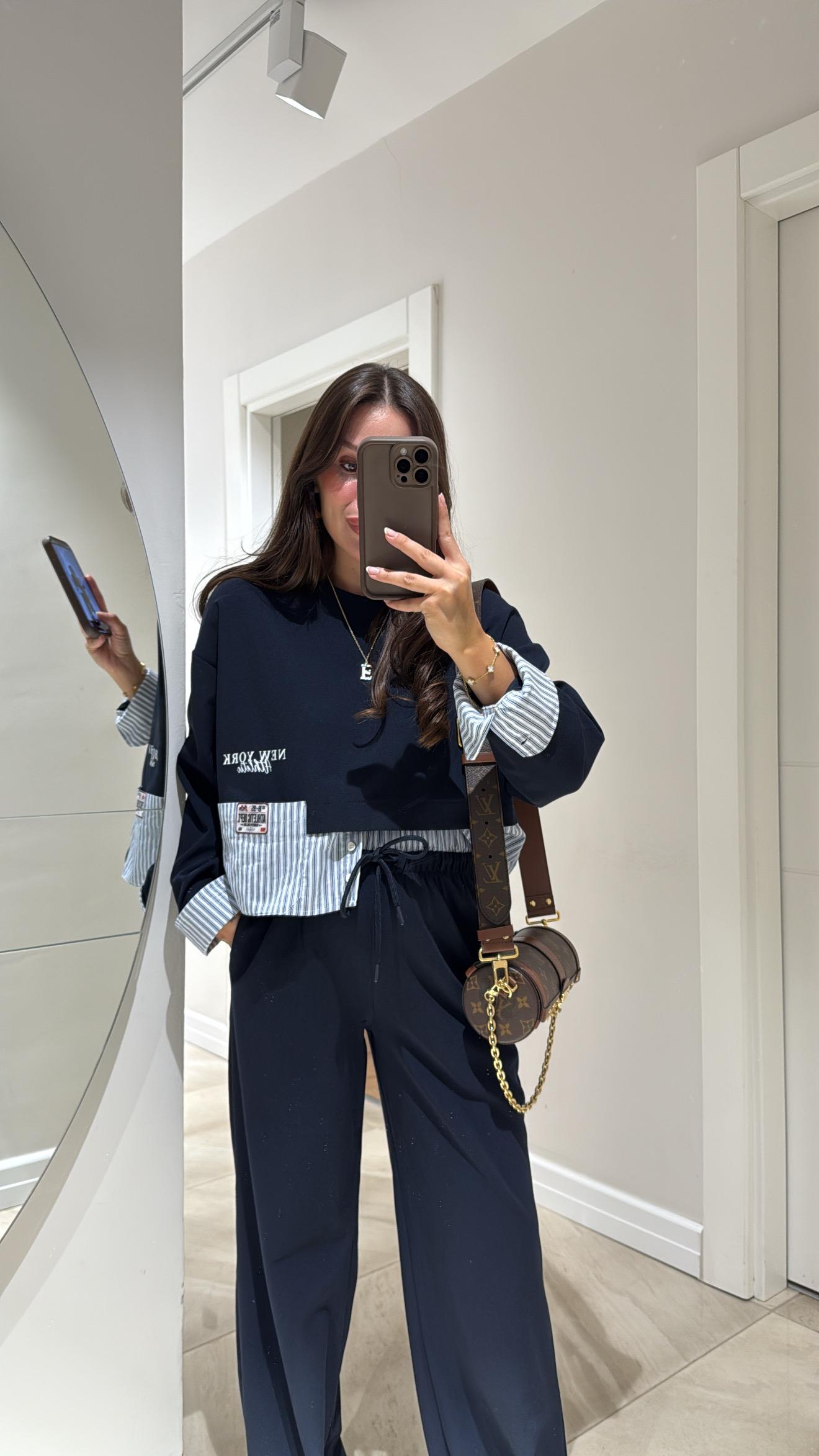 Lacivert Gömlek Detaylı Ön Cepli Bluz