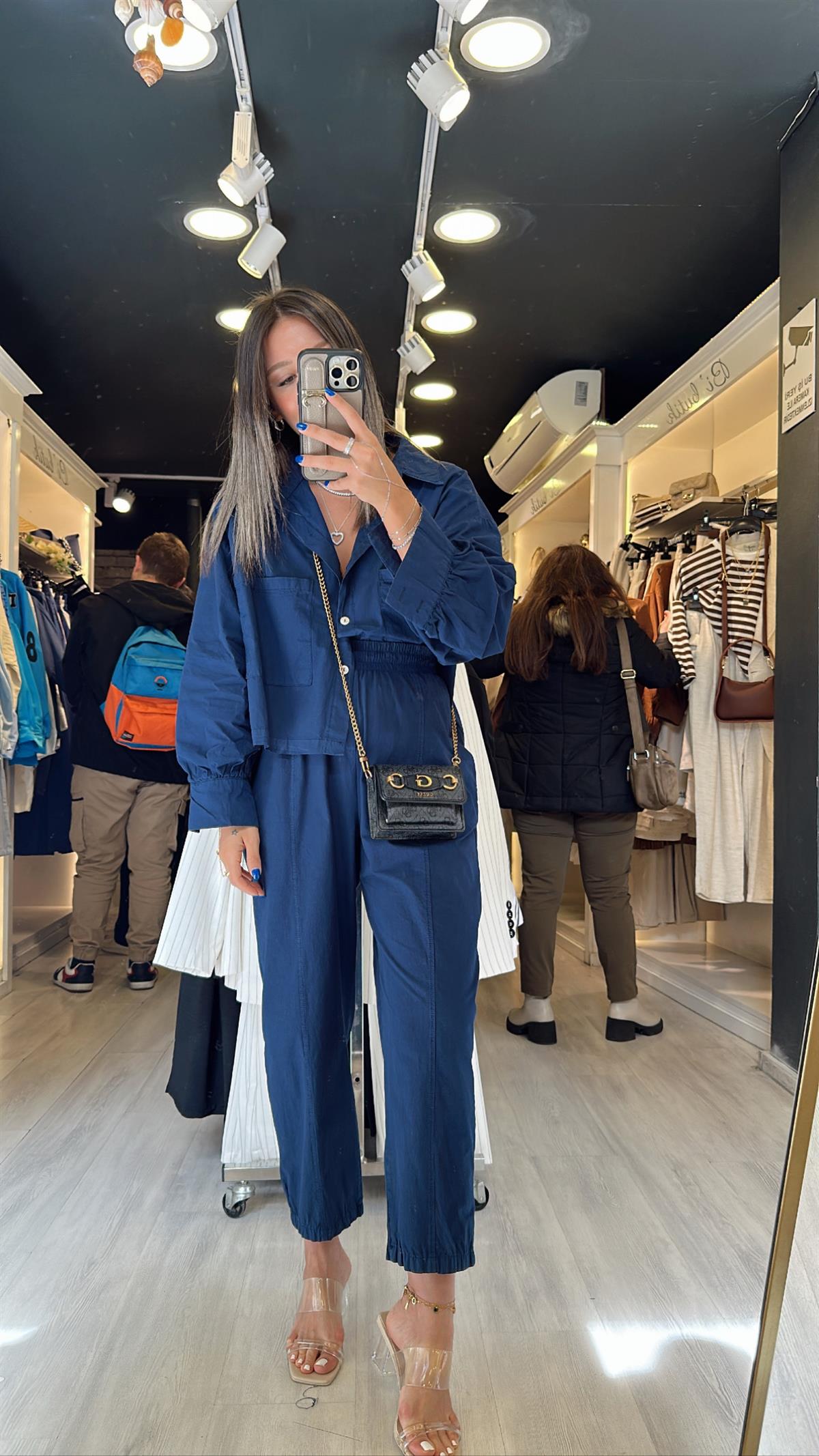 Lacivert Gömlek Şalvar Keten Takım 