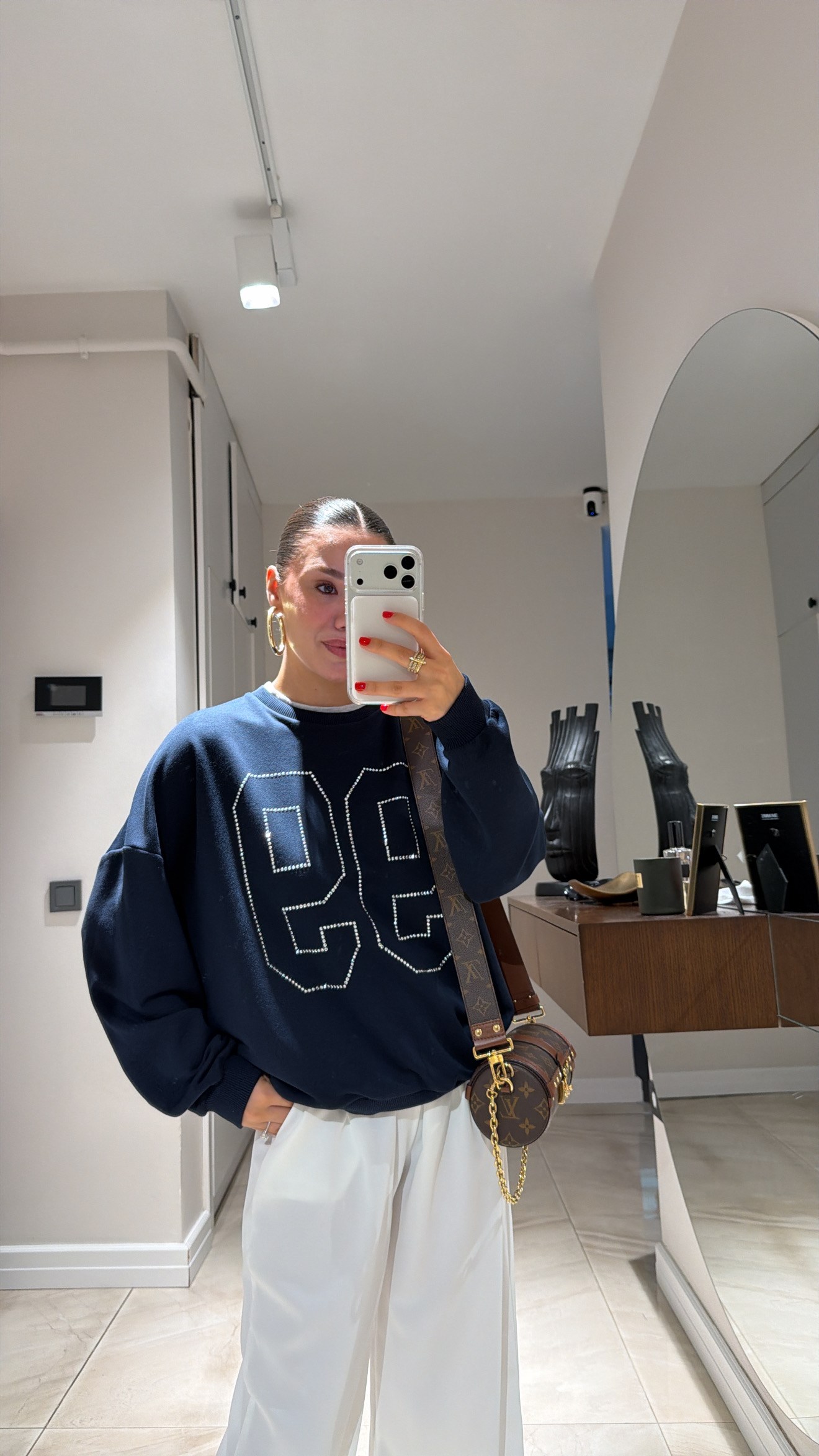 Lacivert Gri Taş İşlemeli Garnili Sweatshirt
