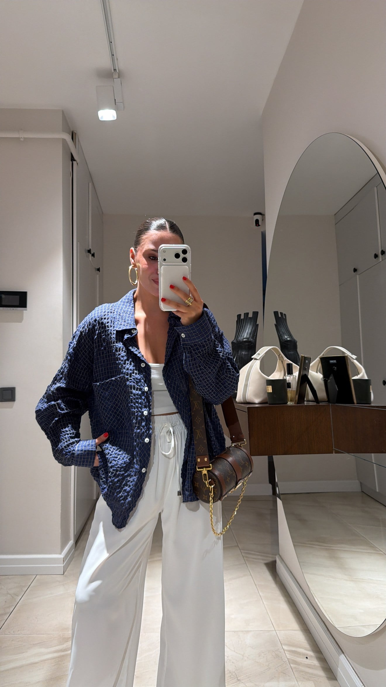 Lacivert Kareli Oversize Gömlek