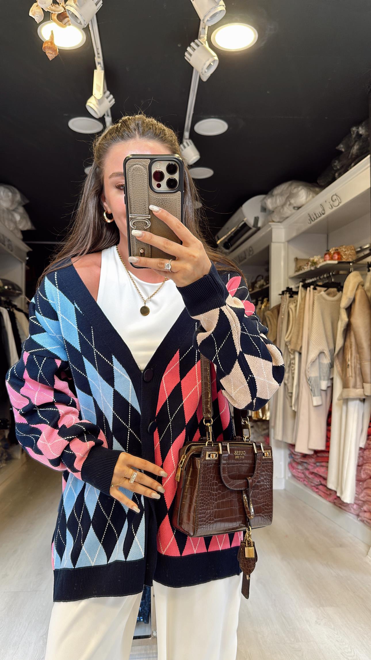 Lacivert Kemik Çok Renkli Baklava Desen Düğmeli Hırka