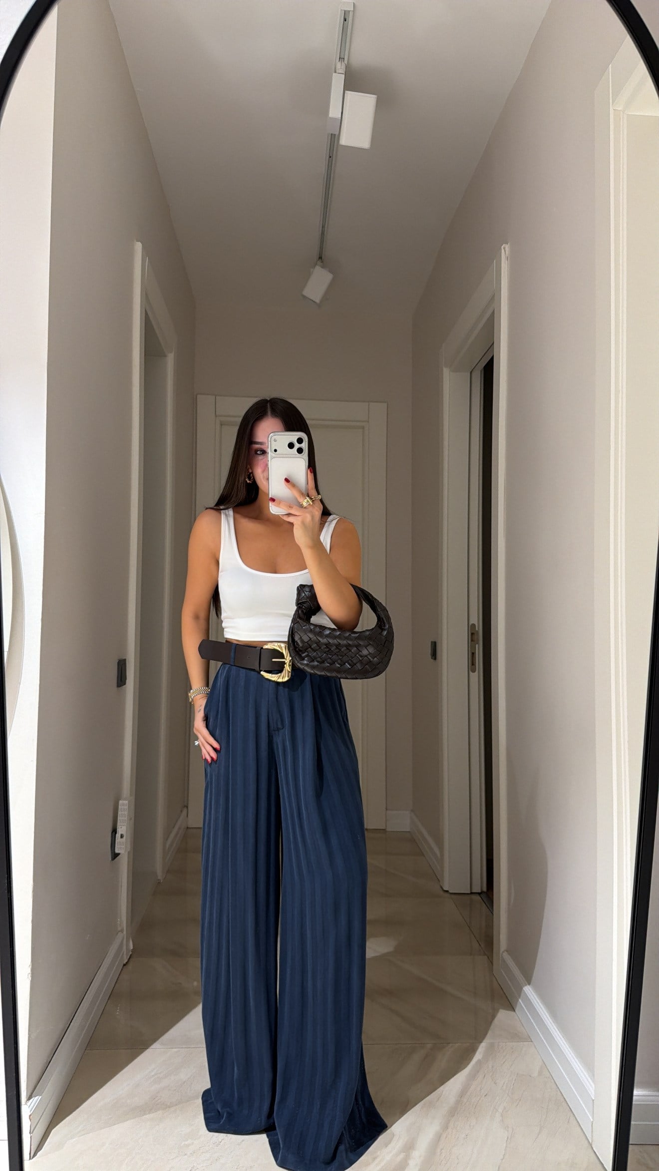 Lacivert Kendinden Çizgili Kemerli Palazzo Pantolon