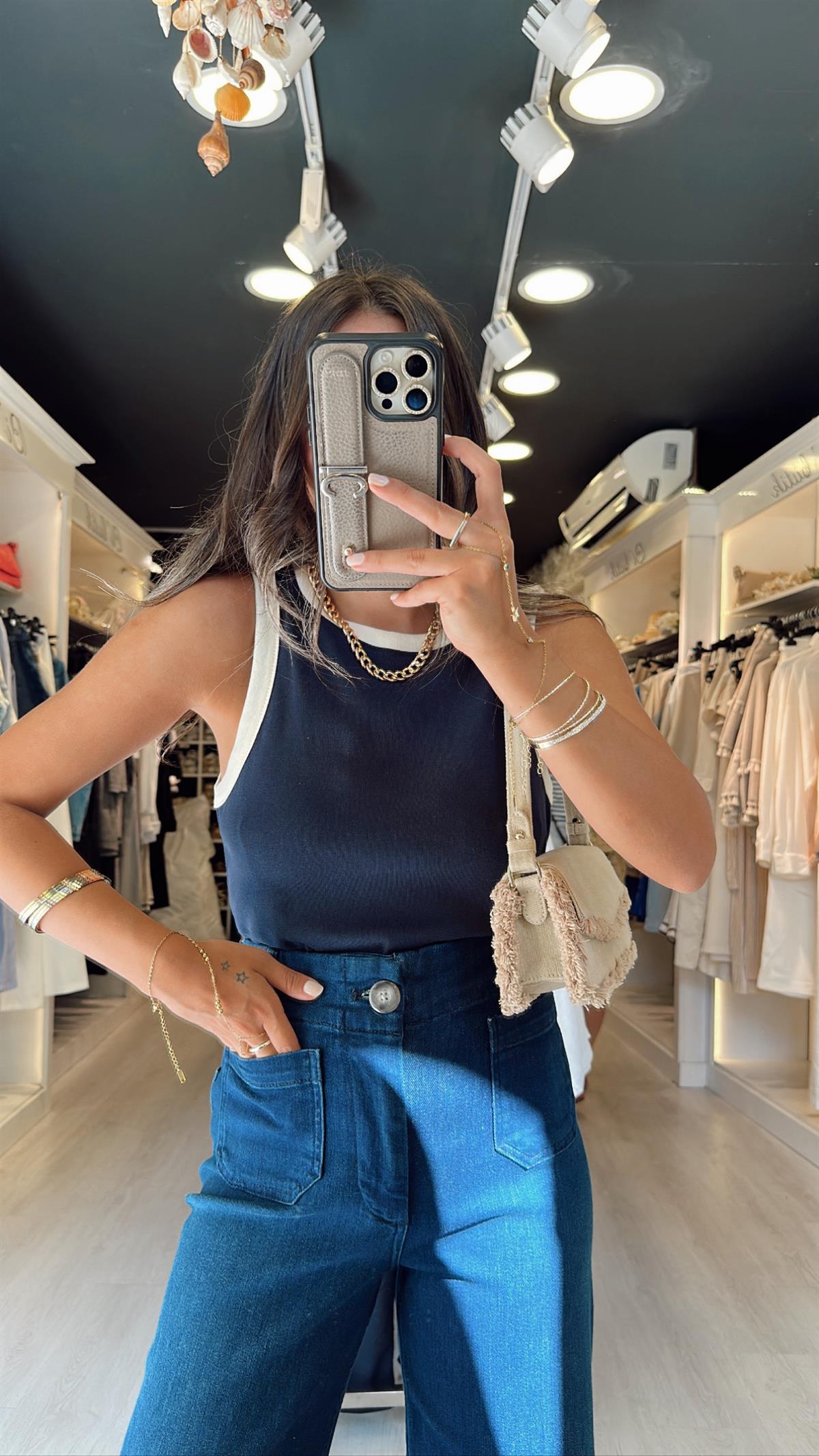 Lacivert Krem Geçişli Bisiklet Yaka Atlet