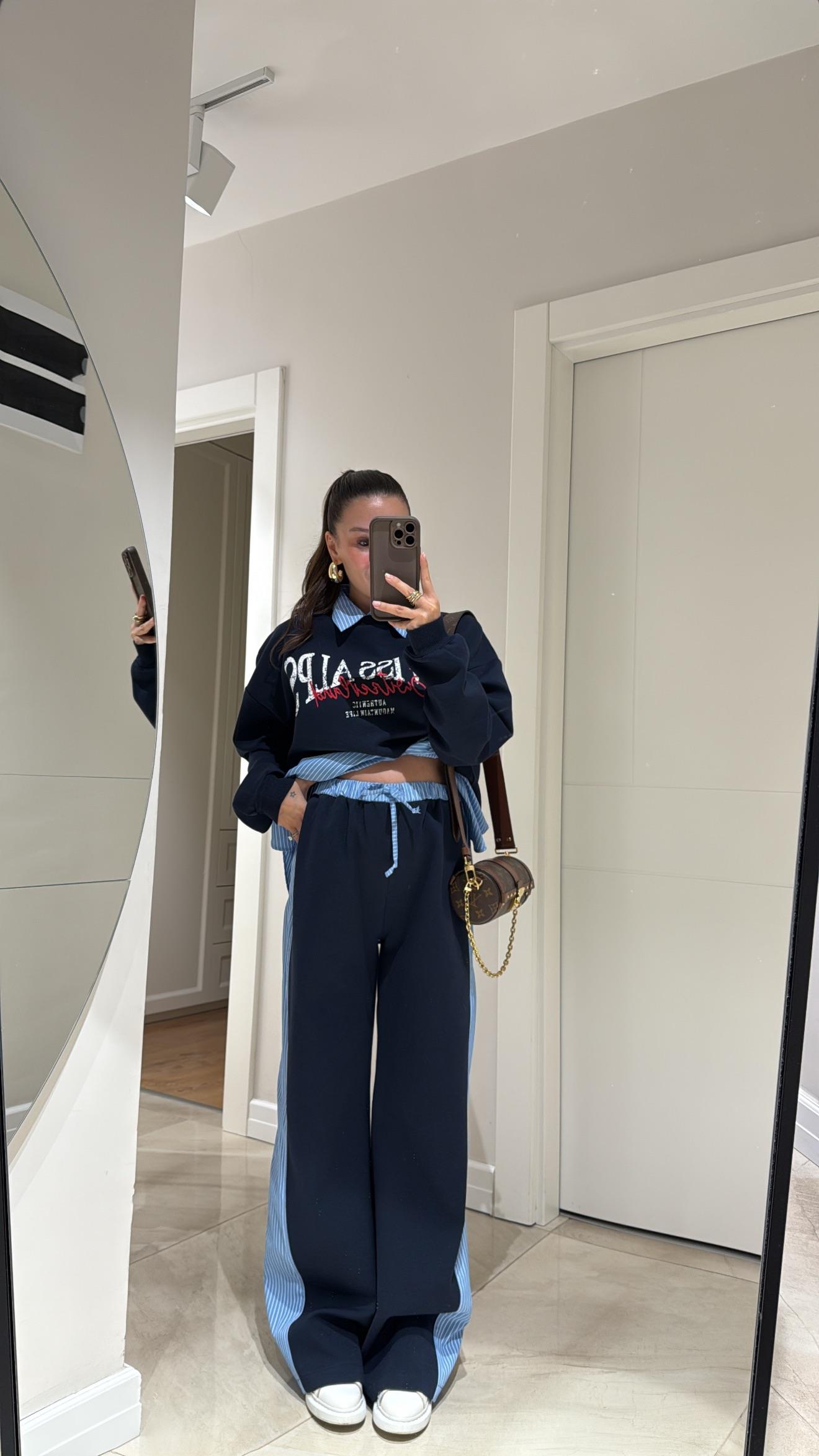 Lacivert Mavi Çizgi DetaylI Bel Lastikli Pantolon