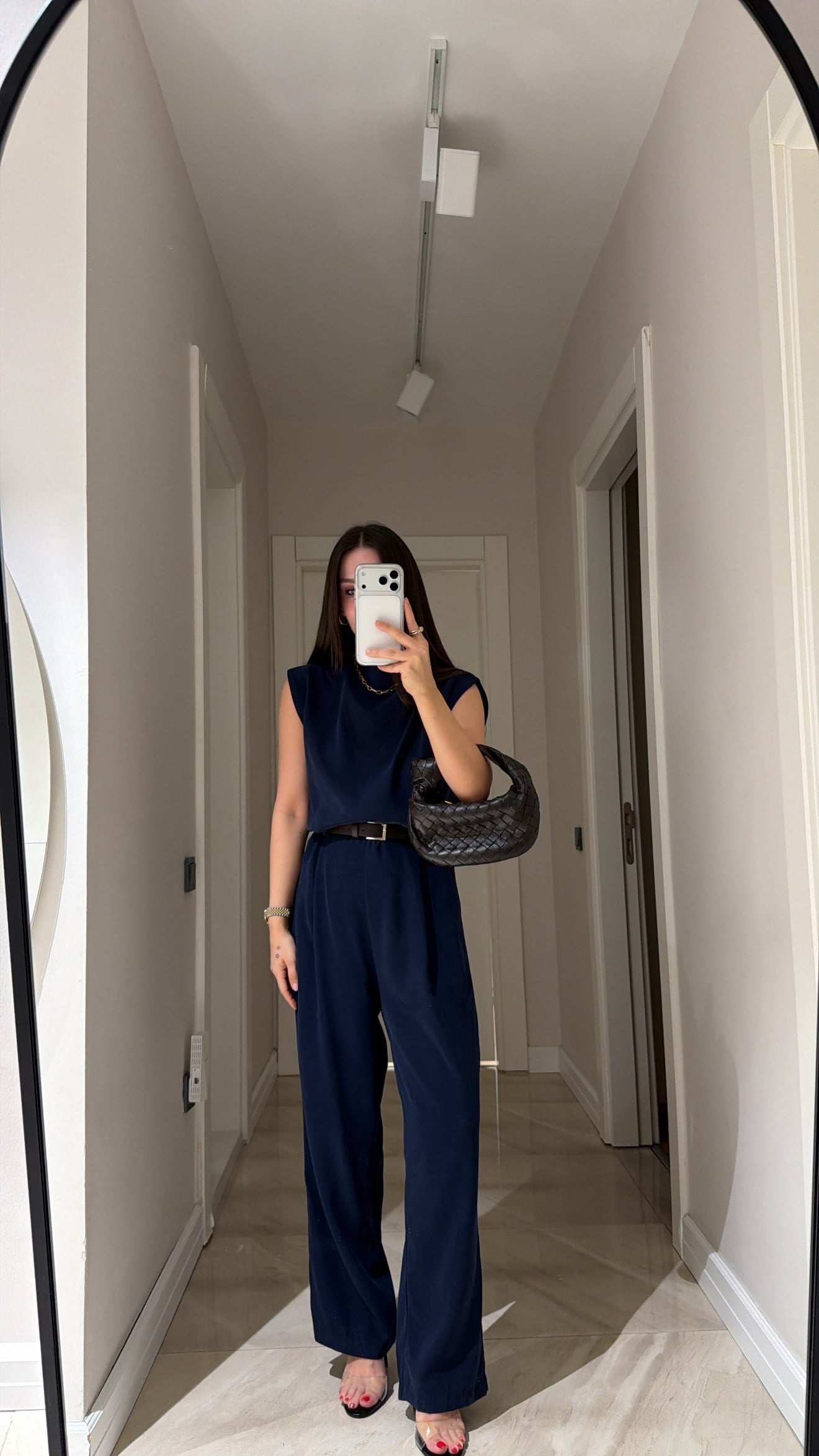 Lacivert Omuz Pileli Kemerli Tulum