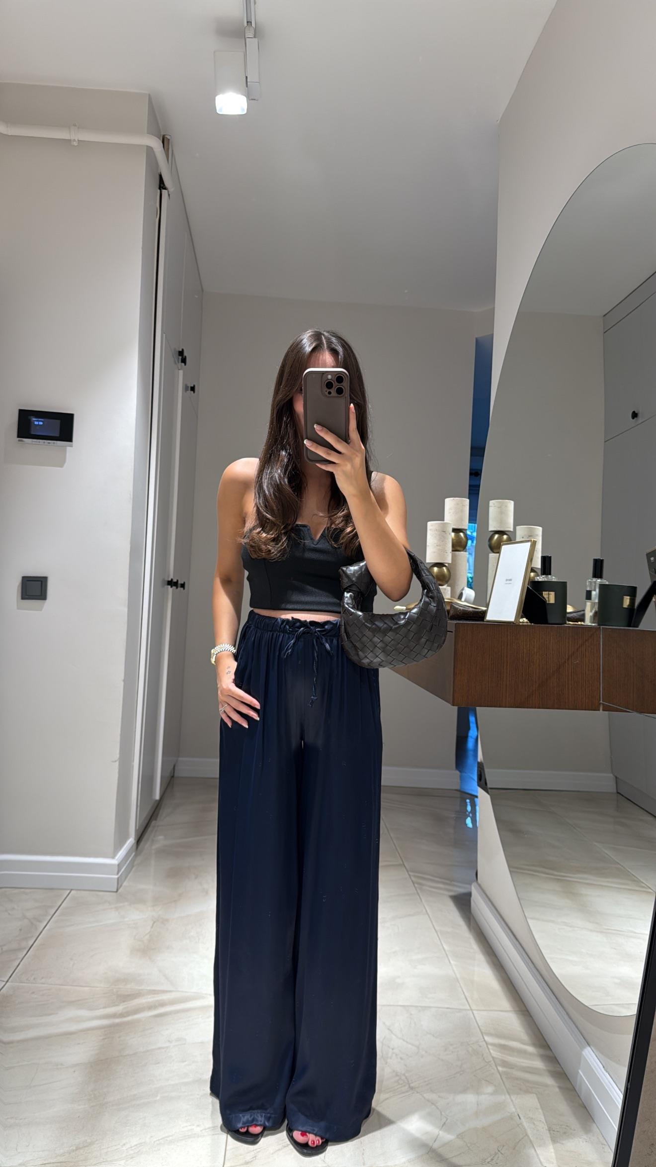 Lacivert Astarlı Saten Bel Bağcıklı Marka Model Pantolon 