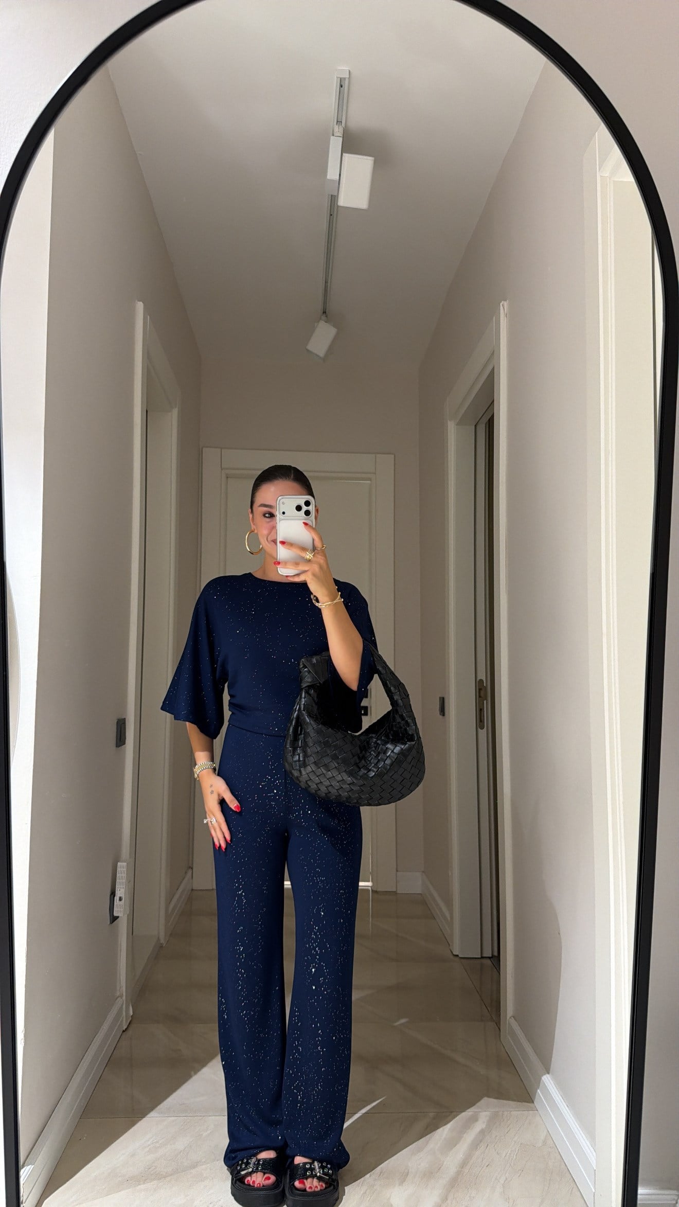 Lacivert Yan Büzgülü Simli Bluz Pantolon Takım