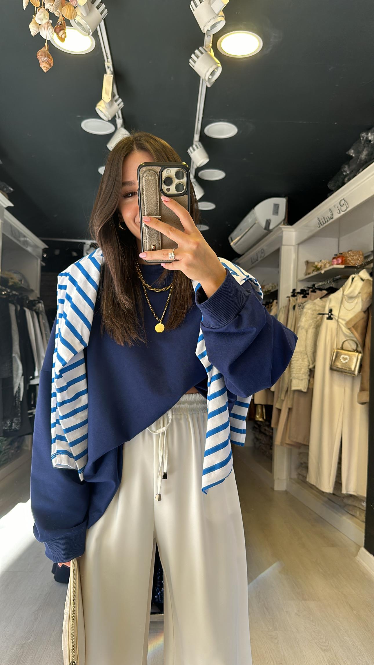 Lacivert Yan Yırtmaç Detaylı Basic Sweat