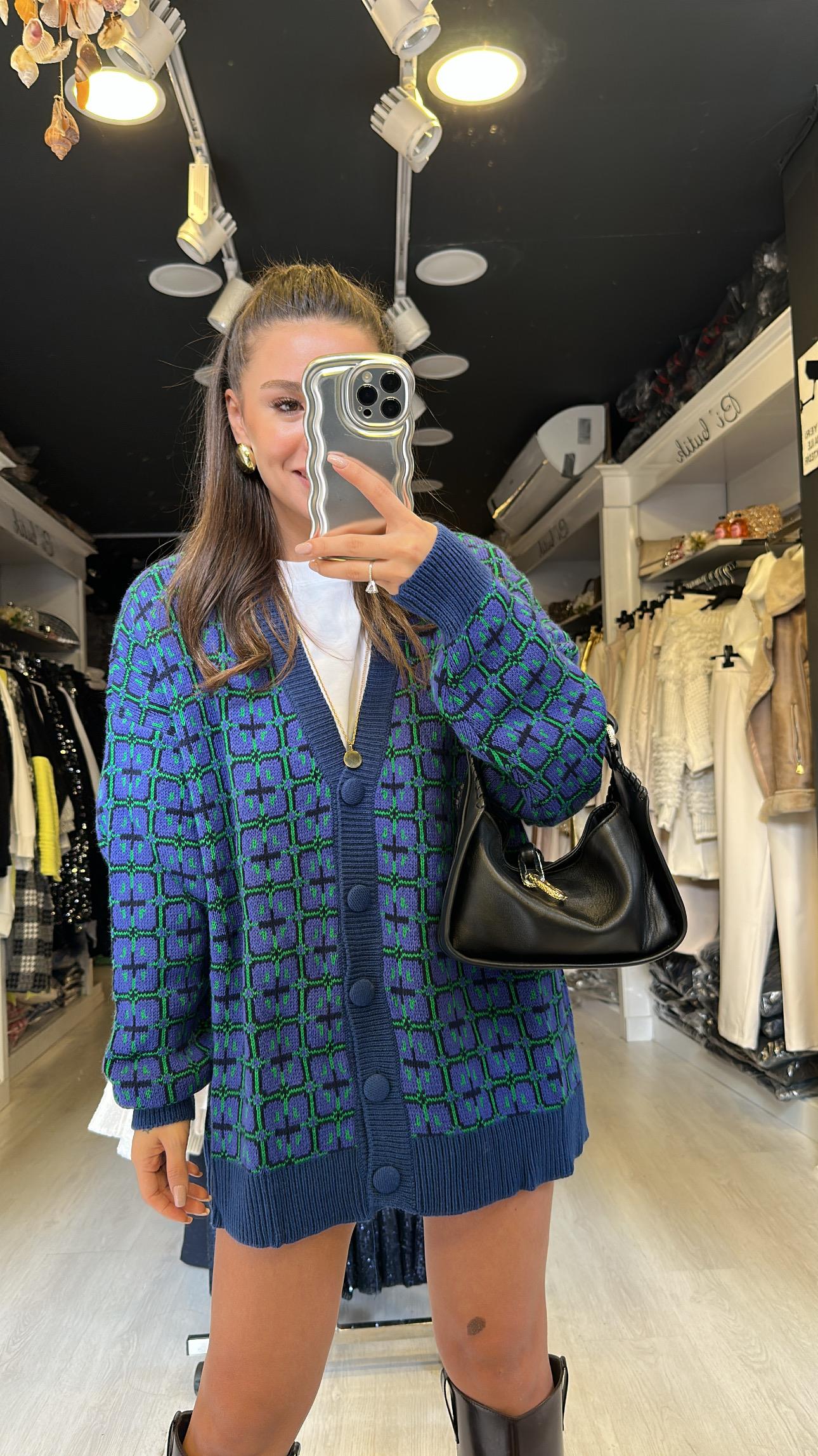 Lacivert Yeşil Kare Desenli Düğmeli Hırka 