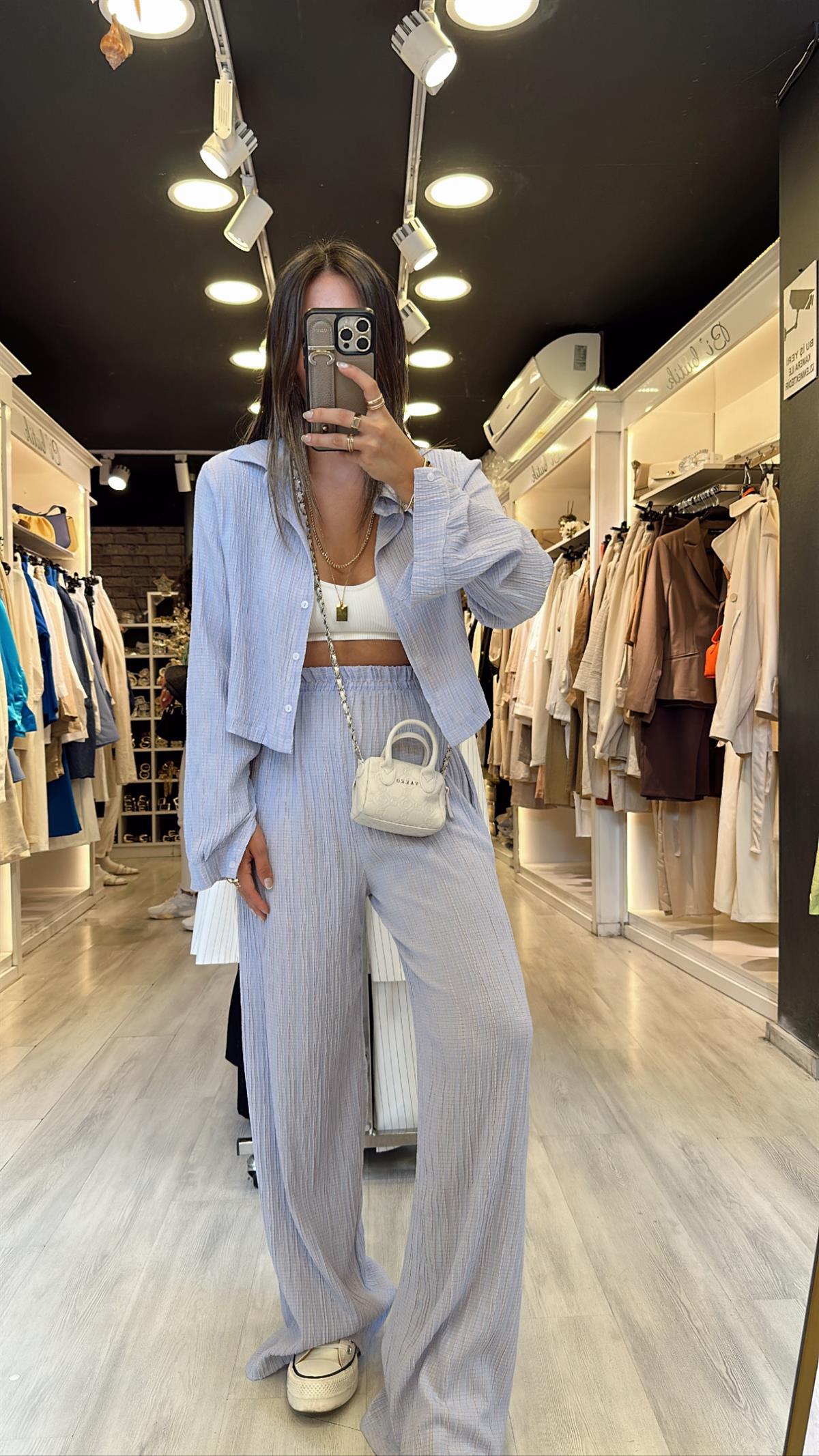 Lila Gofreli Crop Gömlek Takım