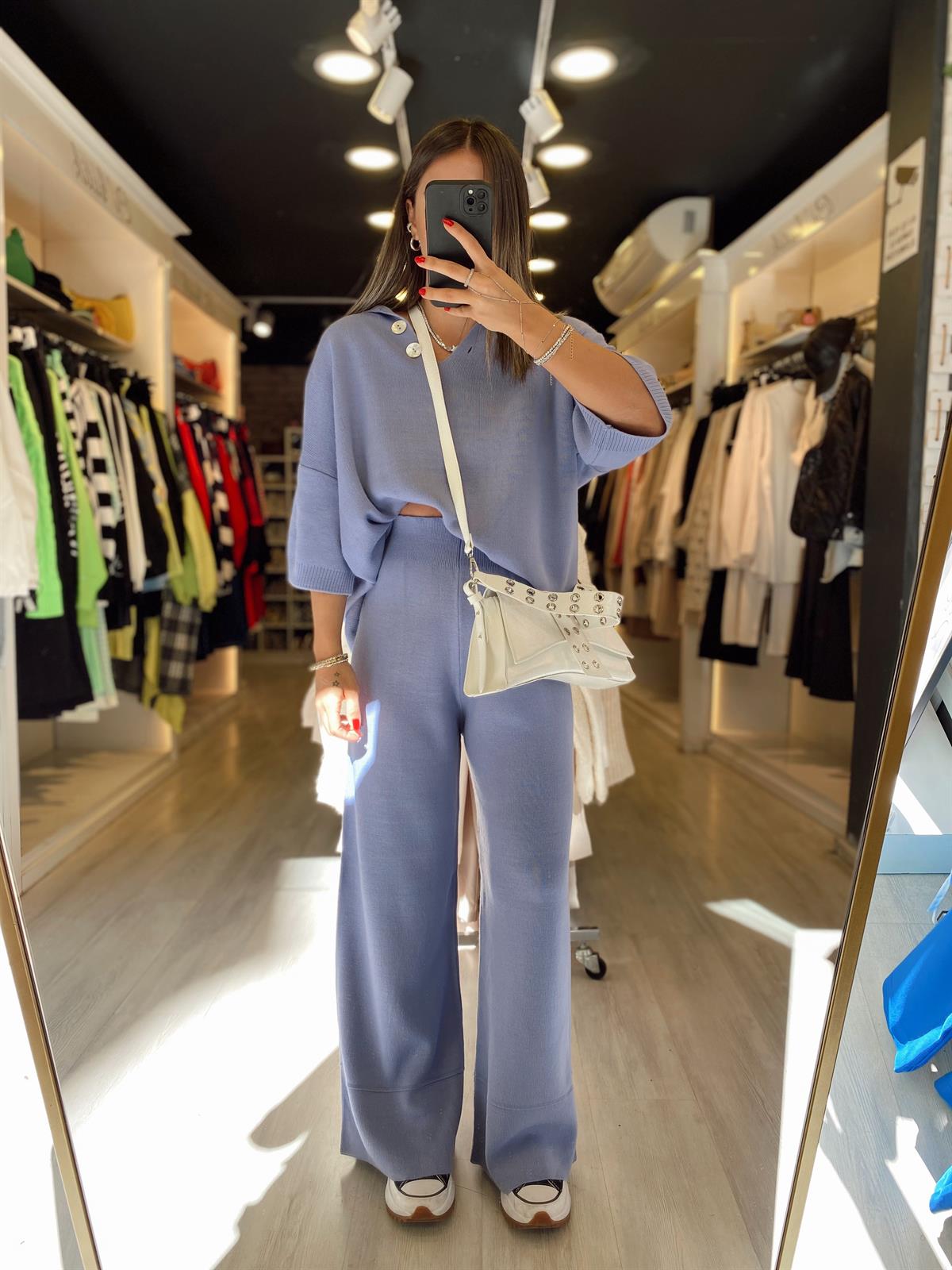 Lila Polo Yaka Duğmeli Triko Takım