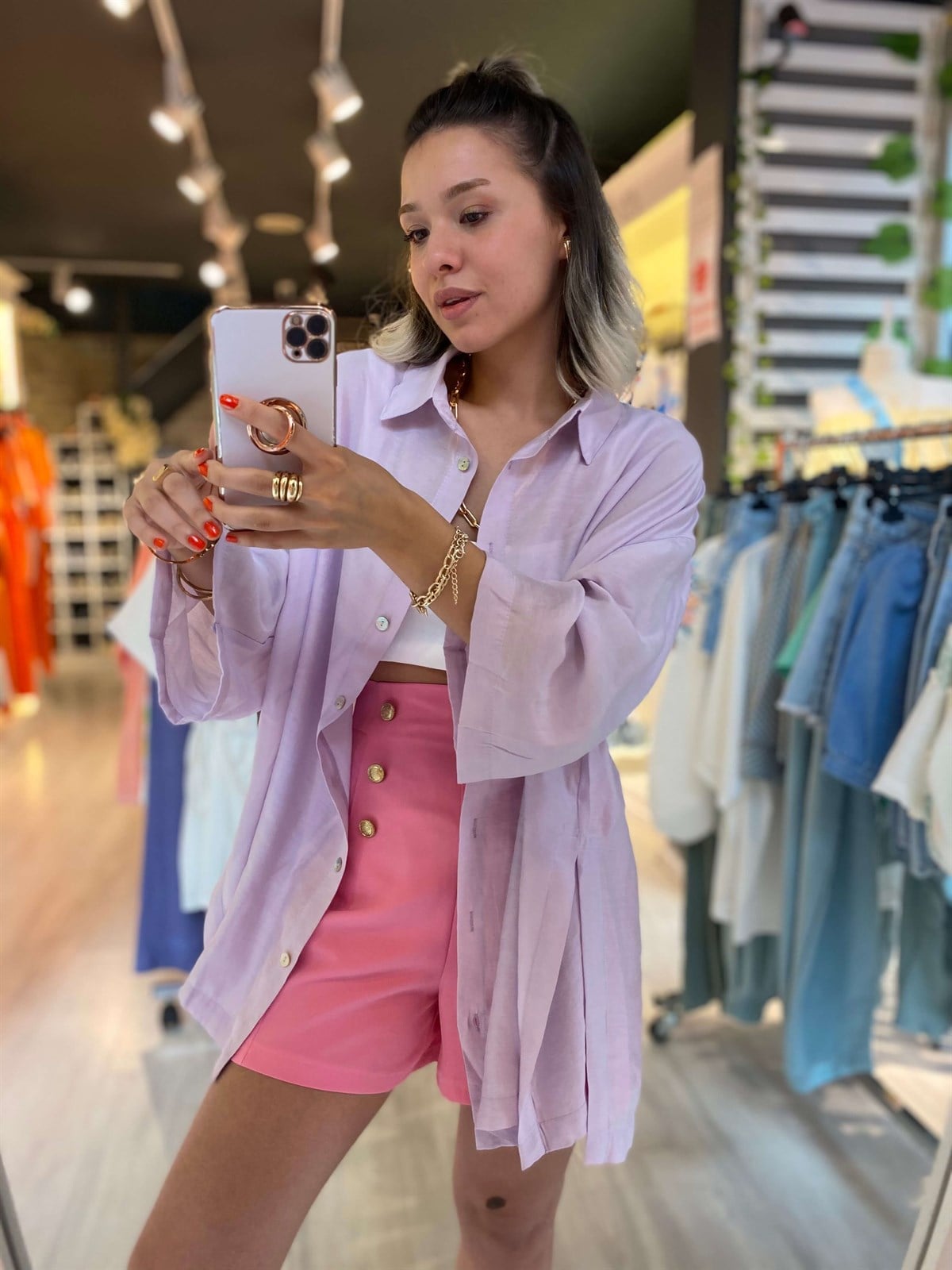 Lila Yanı Yırtmaçlı Oversize Gömlek