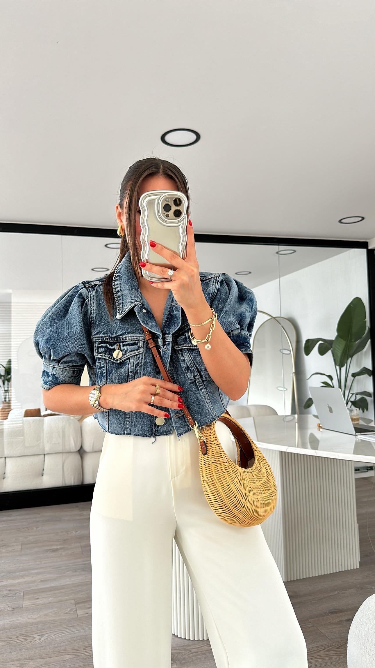 Mavi Balon Kol Crop Jean Ceket 