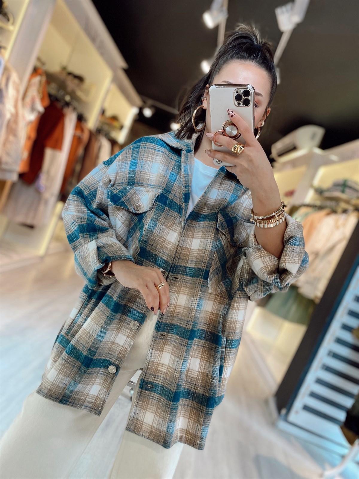 Mavi Bej Ekoseli Çift Cepli Gomlek Ceket 