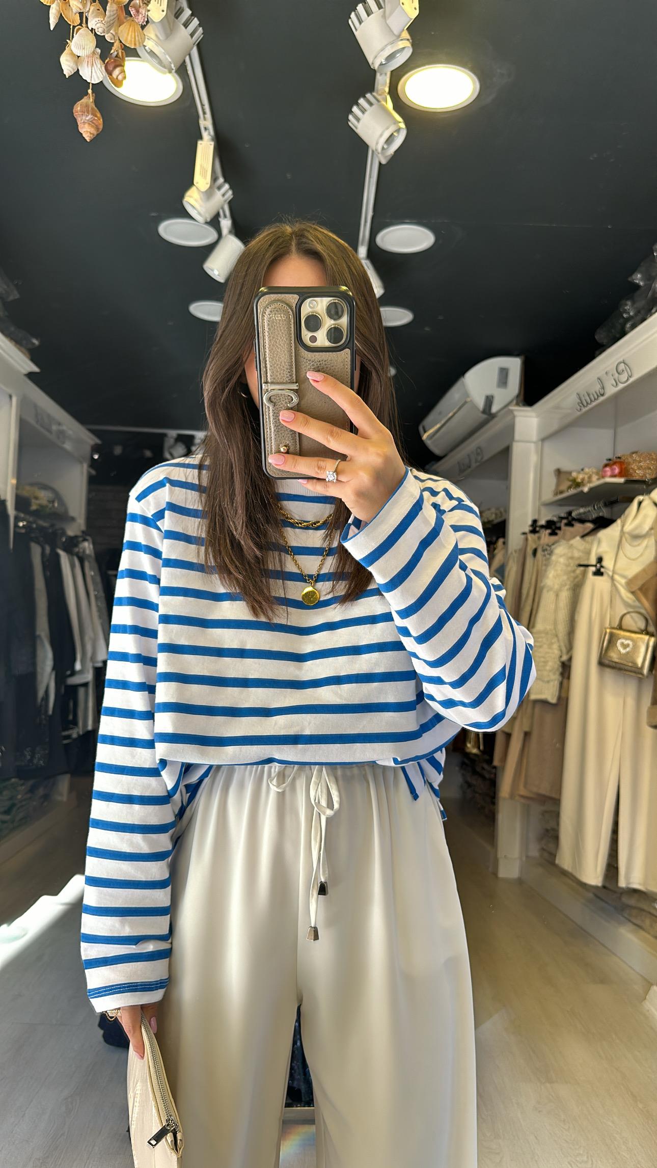 Mavi Beyaz Çizgili Basic Sweat