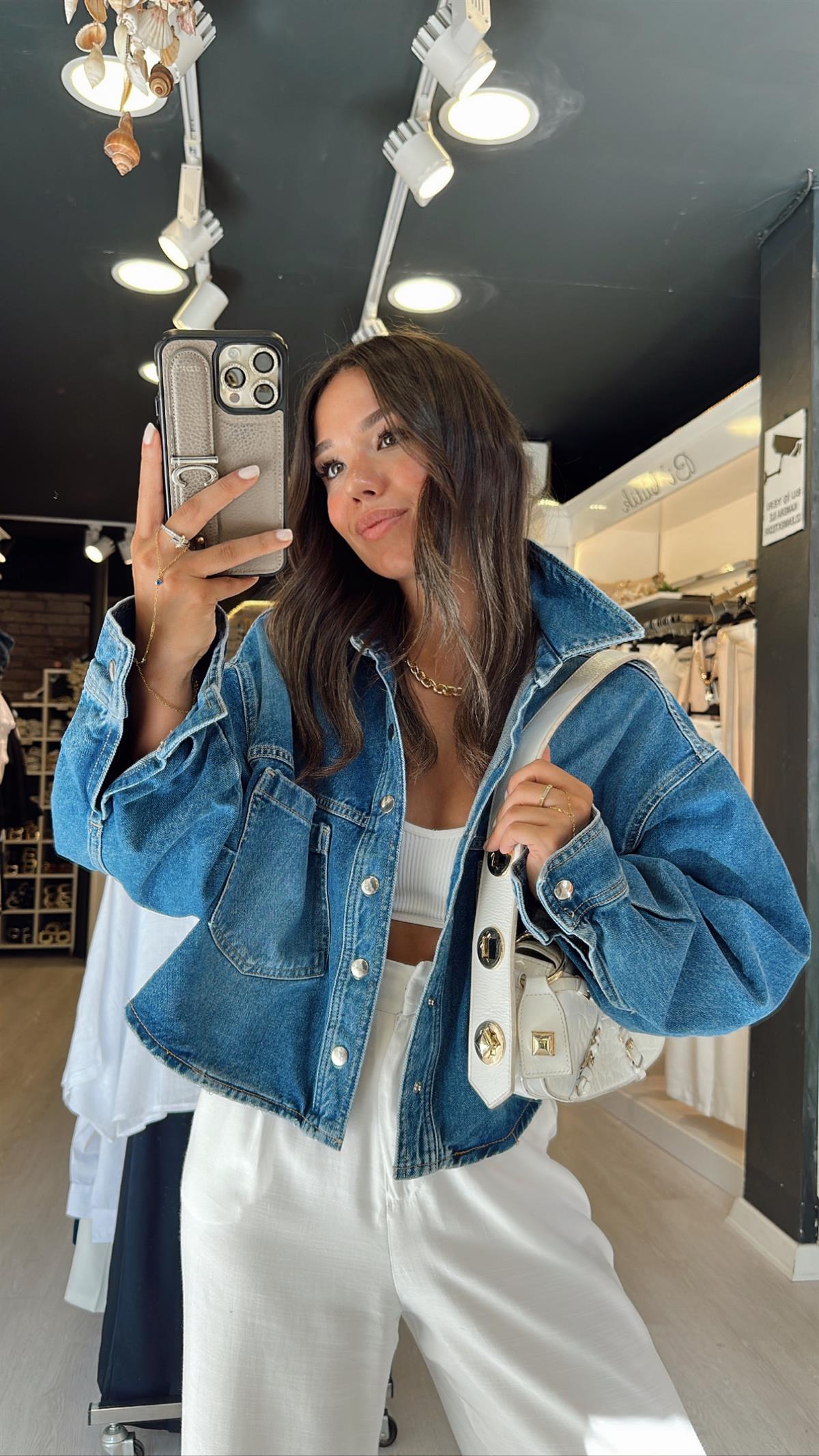 Mavi Çift Cepli Çıt Çıtlı Jean Ceket 