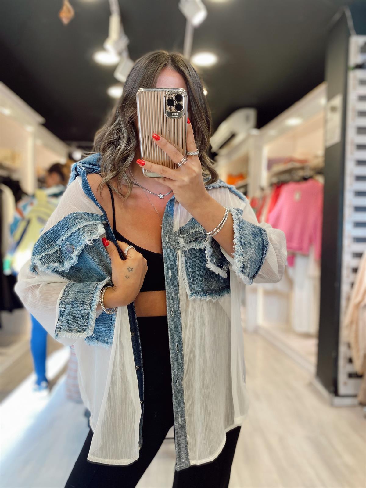 Mavi Denim Detaylı Şifon Gömlek