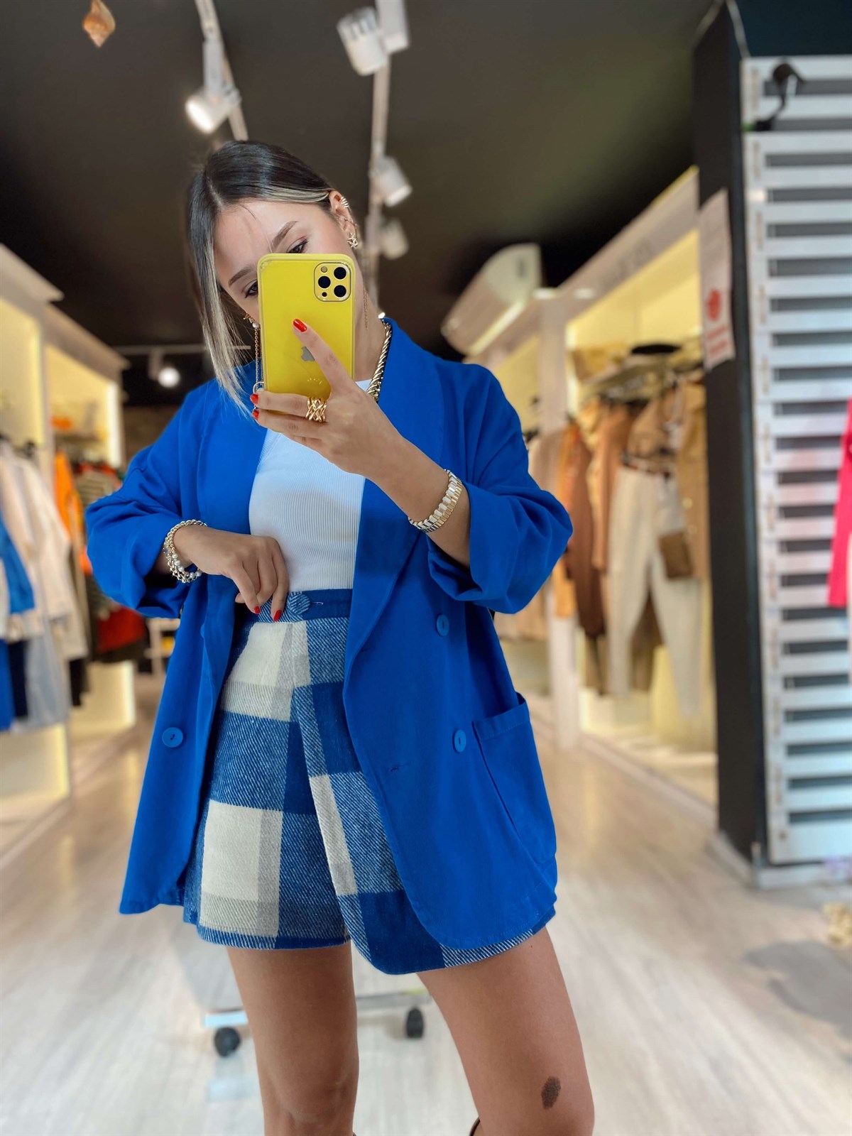 Mavi Ekru Düğme Detaylı Şortlu Etek