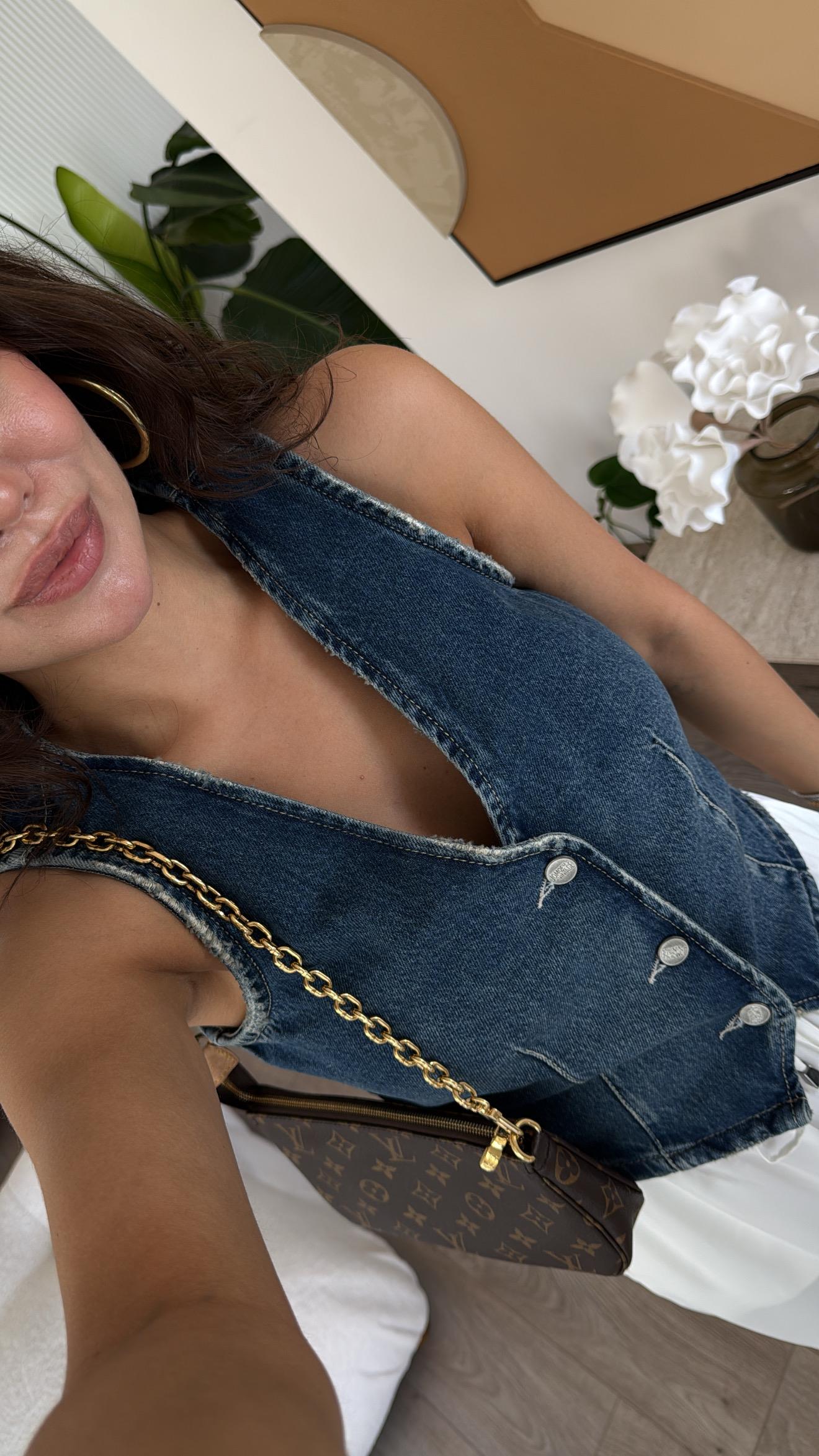 Mavi Eskitmeli Düğmeli Jean Yelek