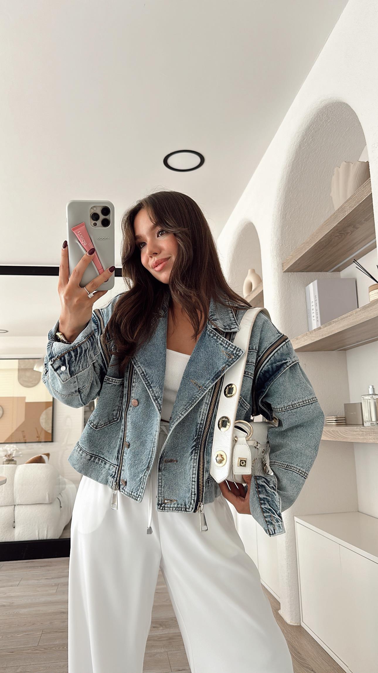 Mavi Eskitmeli Fermuar Detaylı Tasarım Ceket 