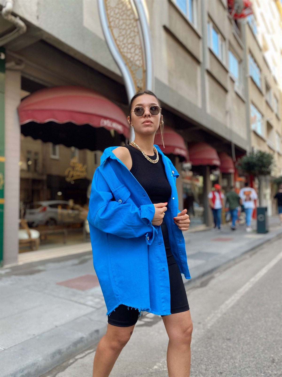 Mavi Eteği Püsküllü Gabardin Ceket