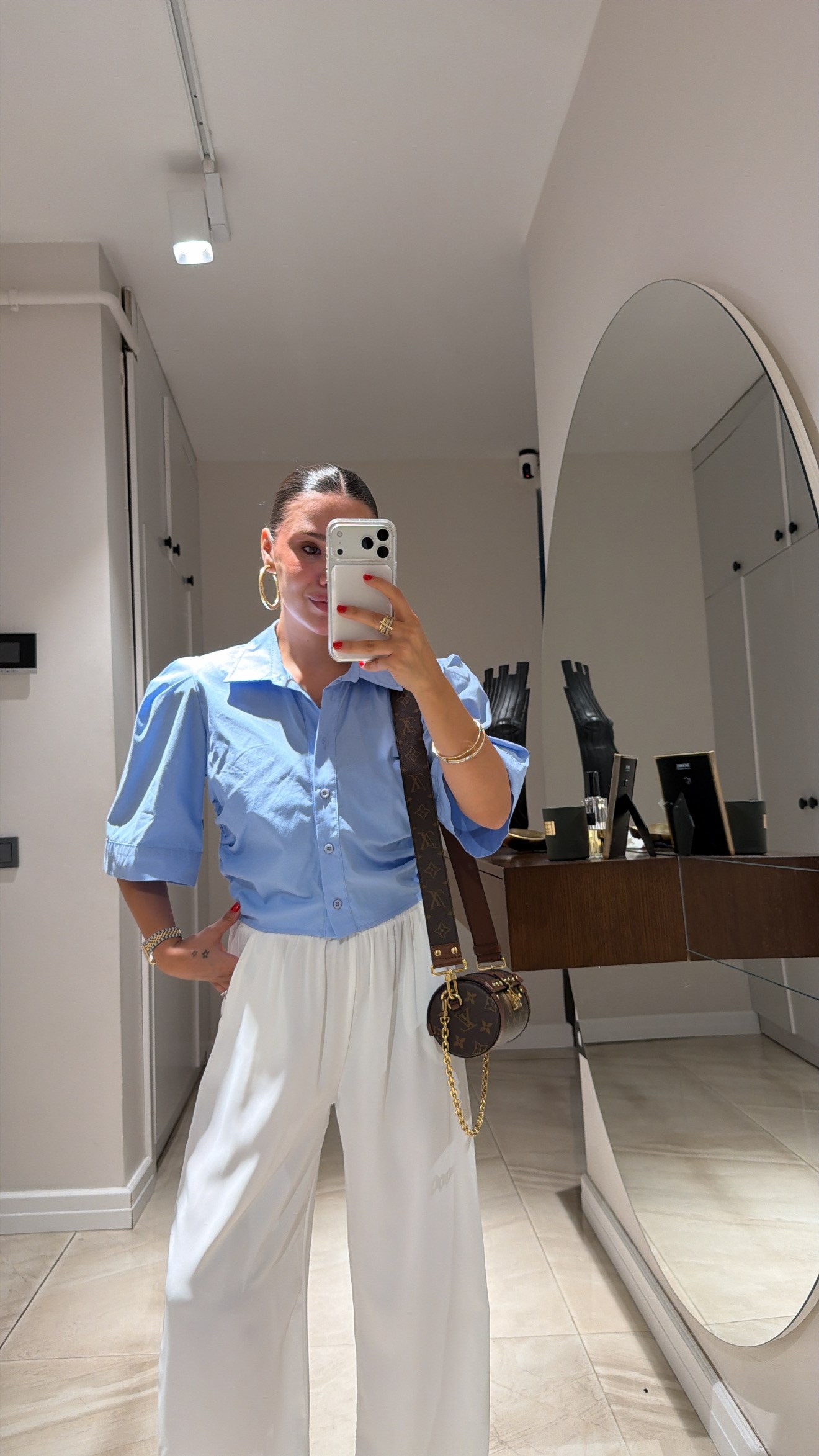 Mavi Geniş Kol Yan Büzgülü Crop Gömlek