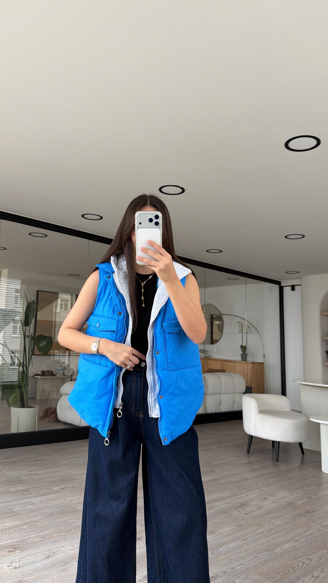 Mavi Gri Kapşonlu Şişme Yelek