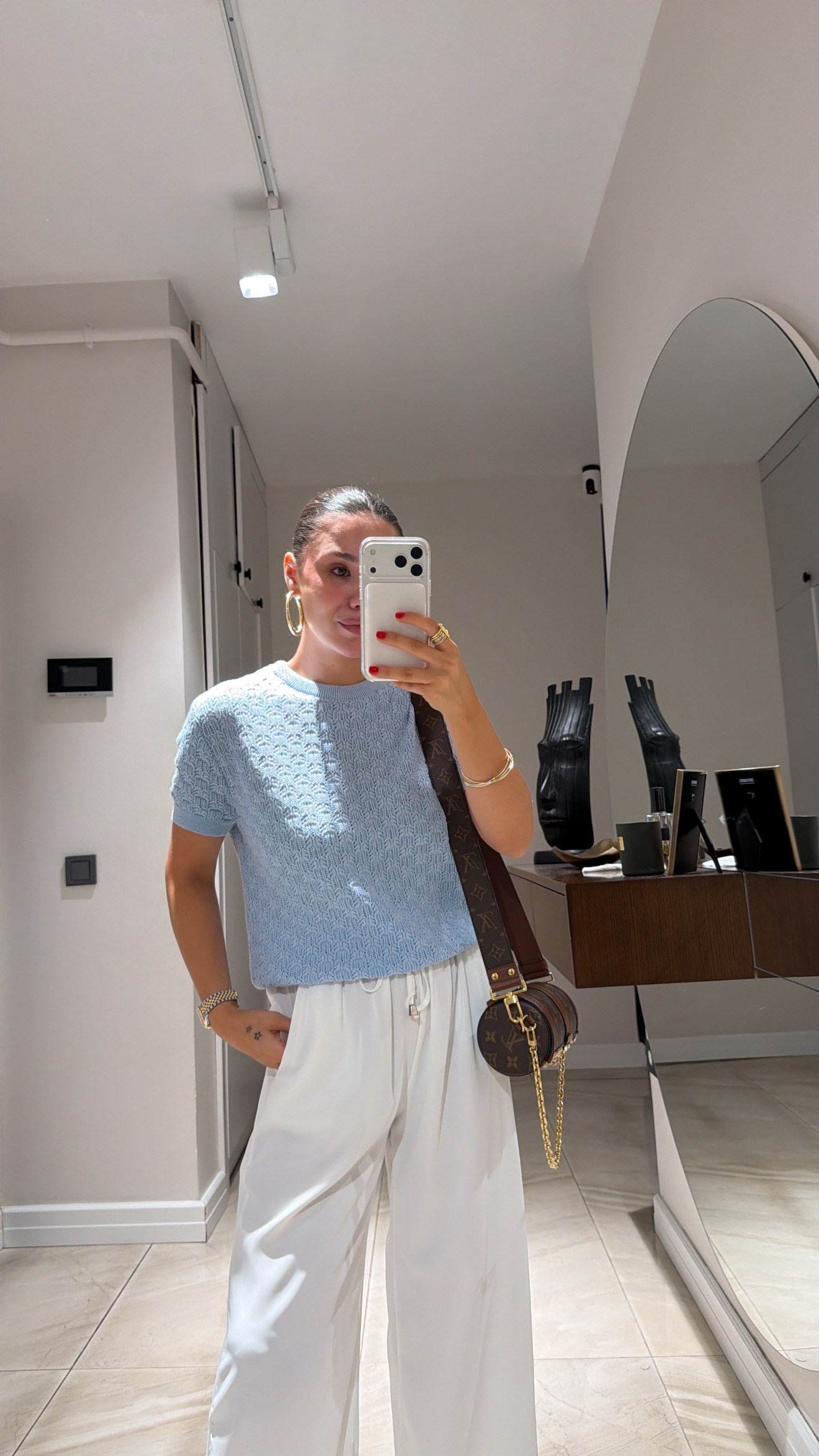 Mavi Kendinden Desenli Ajurlu Kısa Kol Bluz