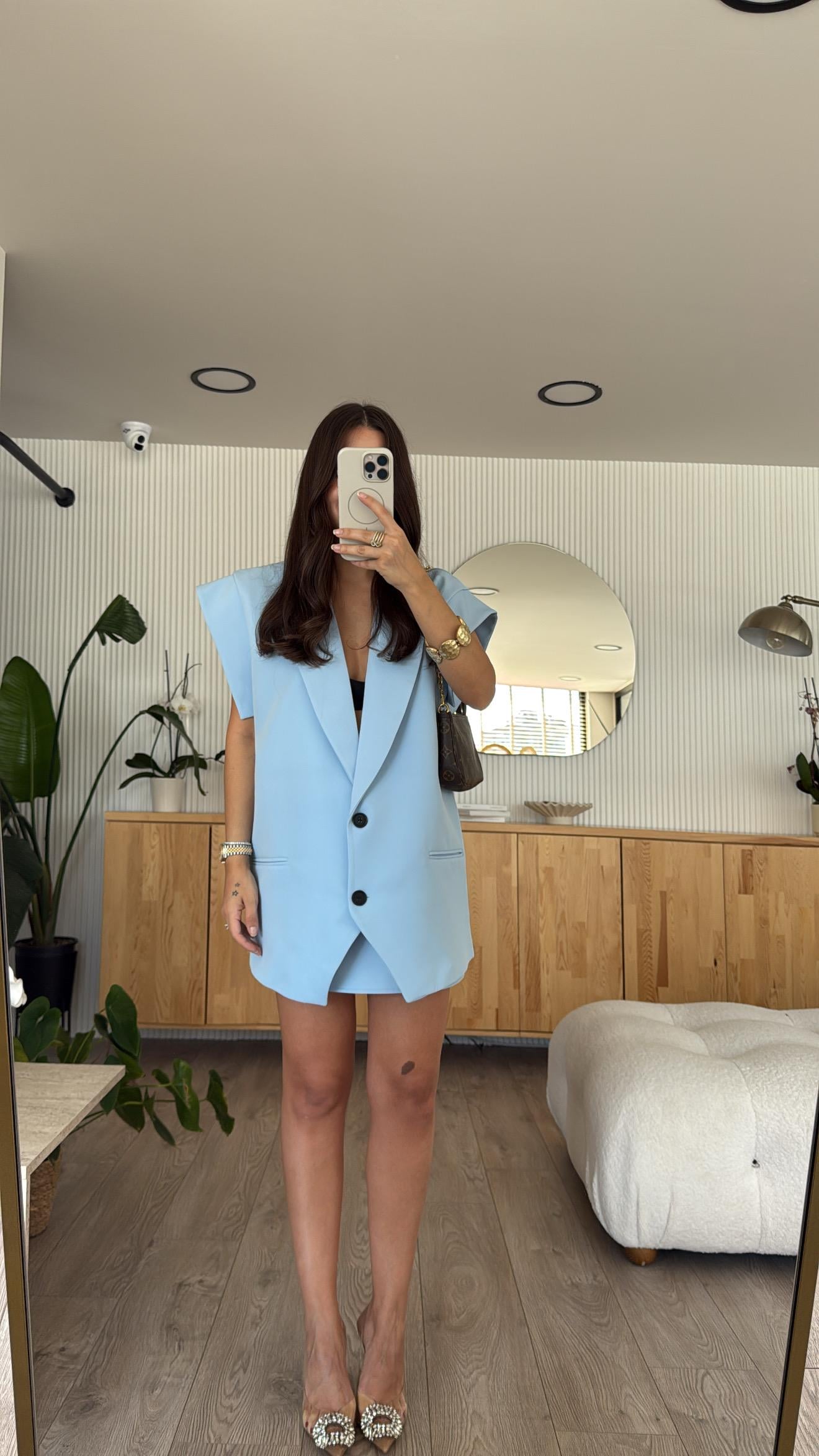 Mavi Kol Detaylı Yelekli Etek Takım