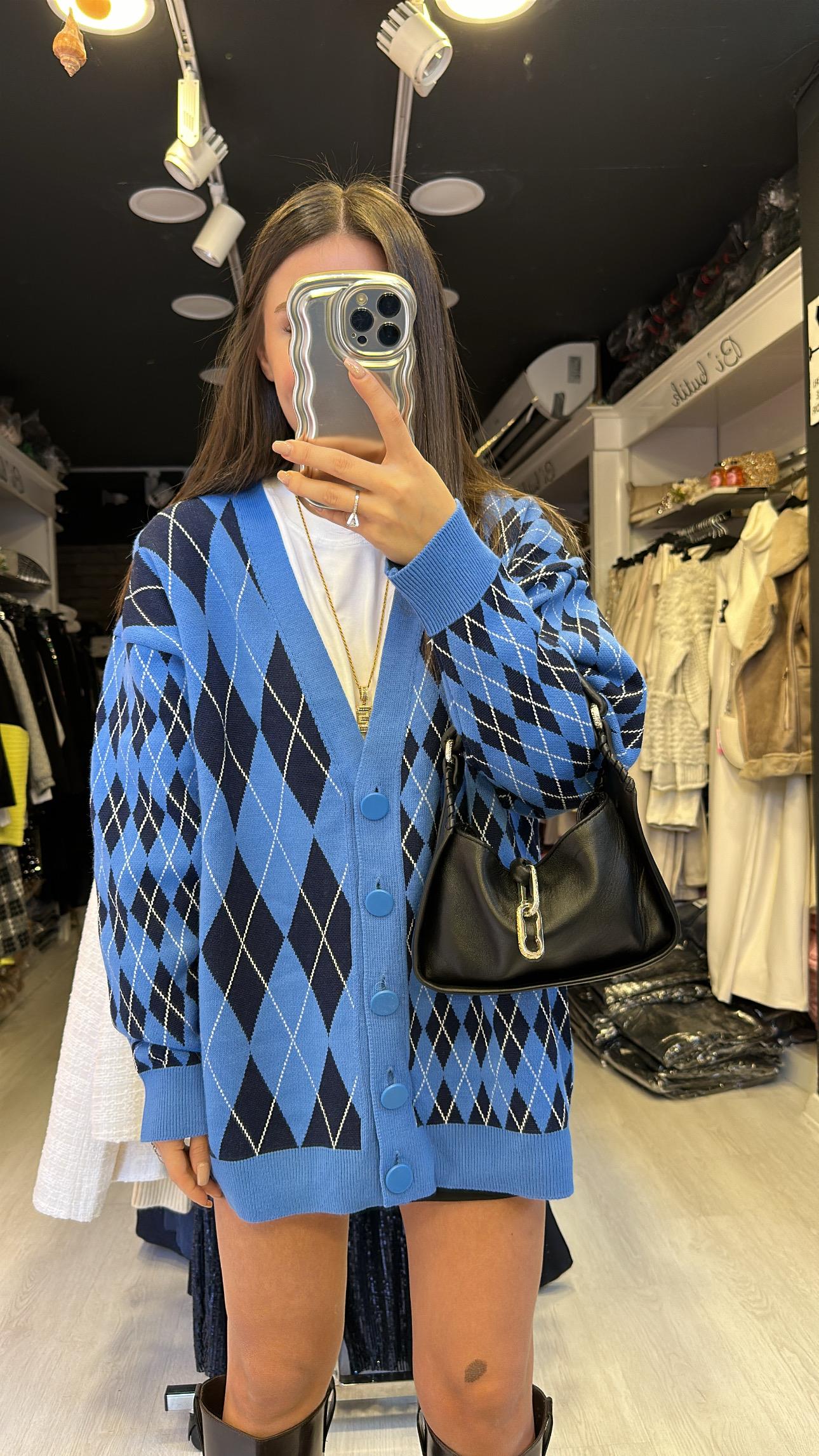 Mavi Lacivert Baklava Desenli Düğmeli Hırka 