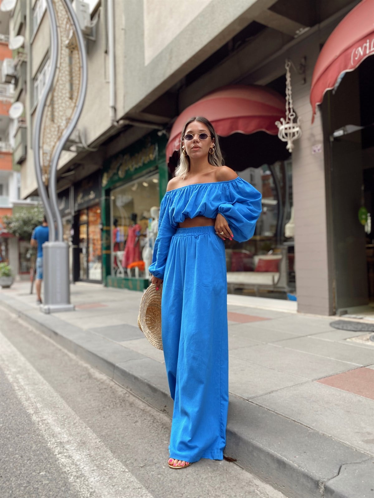 Mavi Madonna Yaka Keten Takım