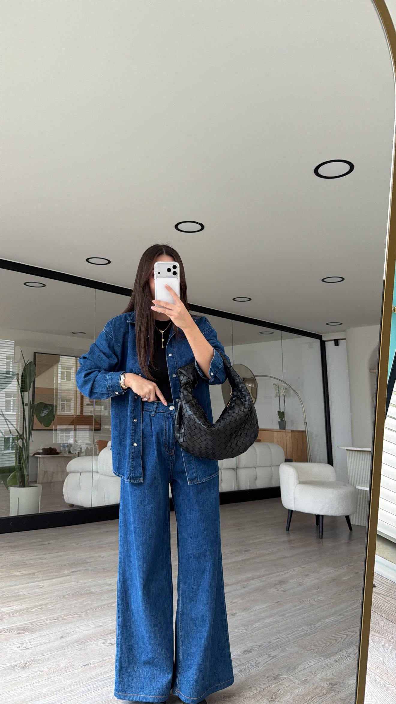 Mavi Pileli Denim Bol Paça Pantolon