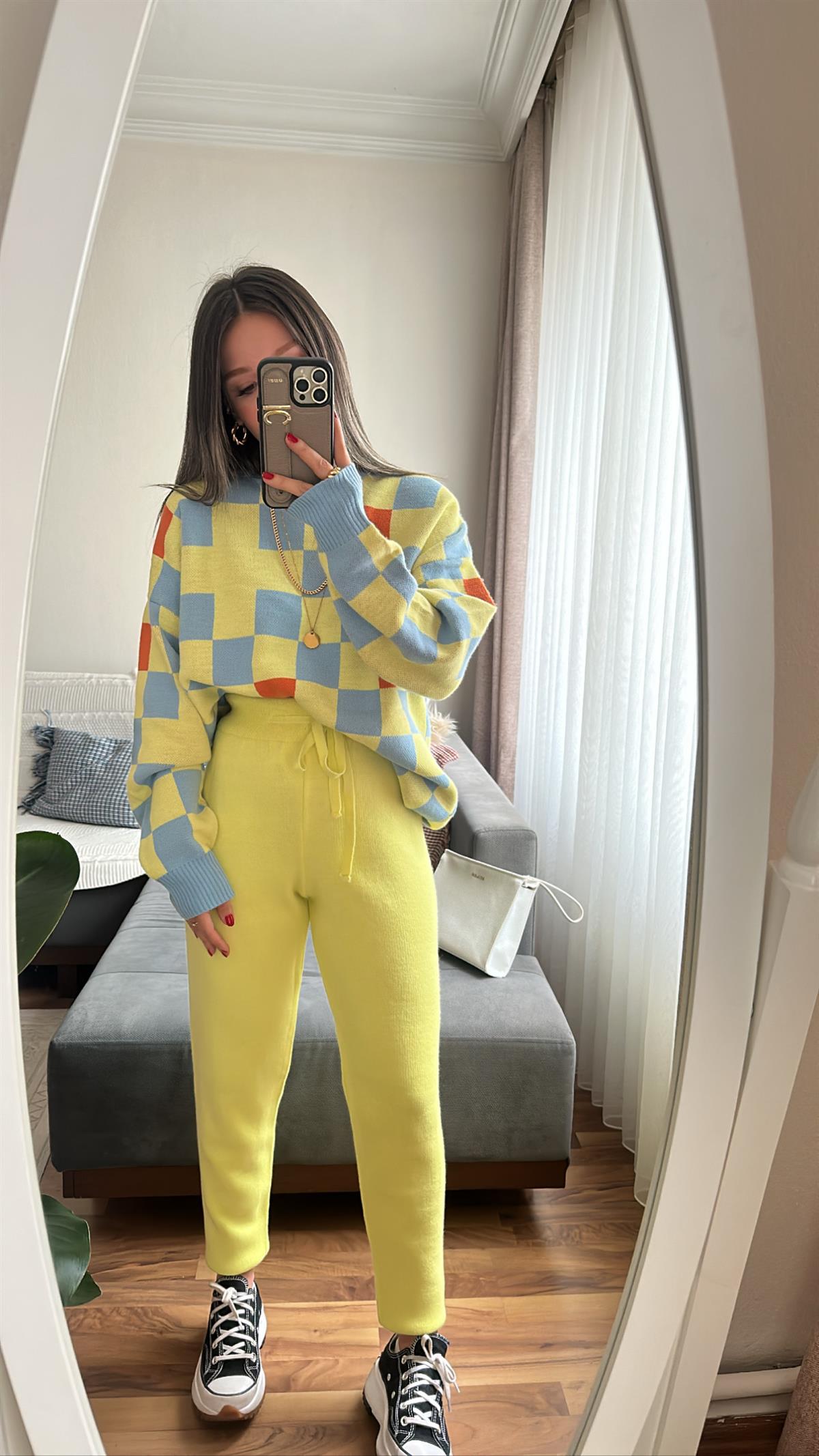 Mavi Sarı Kareli Triko Takım 