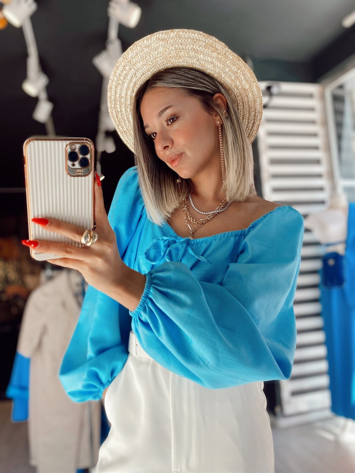 Mavi Sırt Bağlamalı Balon Kol Crop Bluz