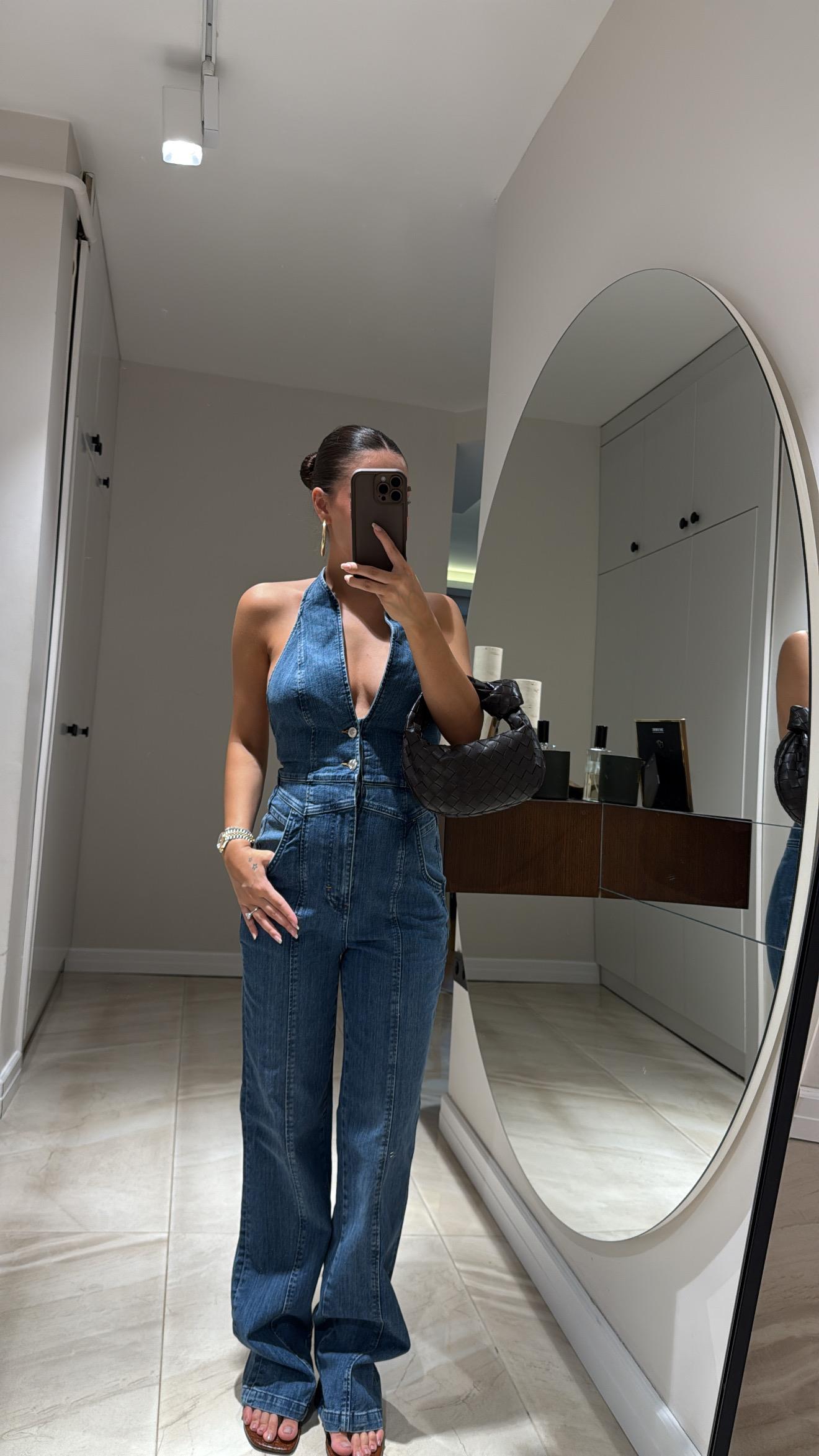 Mavi Sırt Dekolteli Ön Düğme Detaylı Jean Tulum