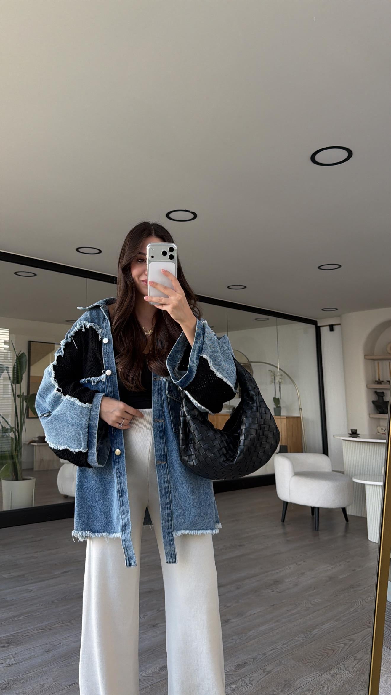 Mavi Siyah Triko Detaylı Jean Hırka