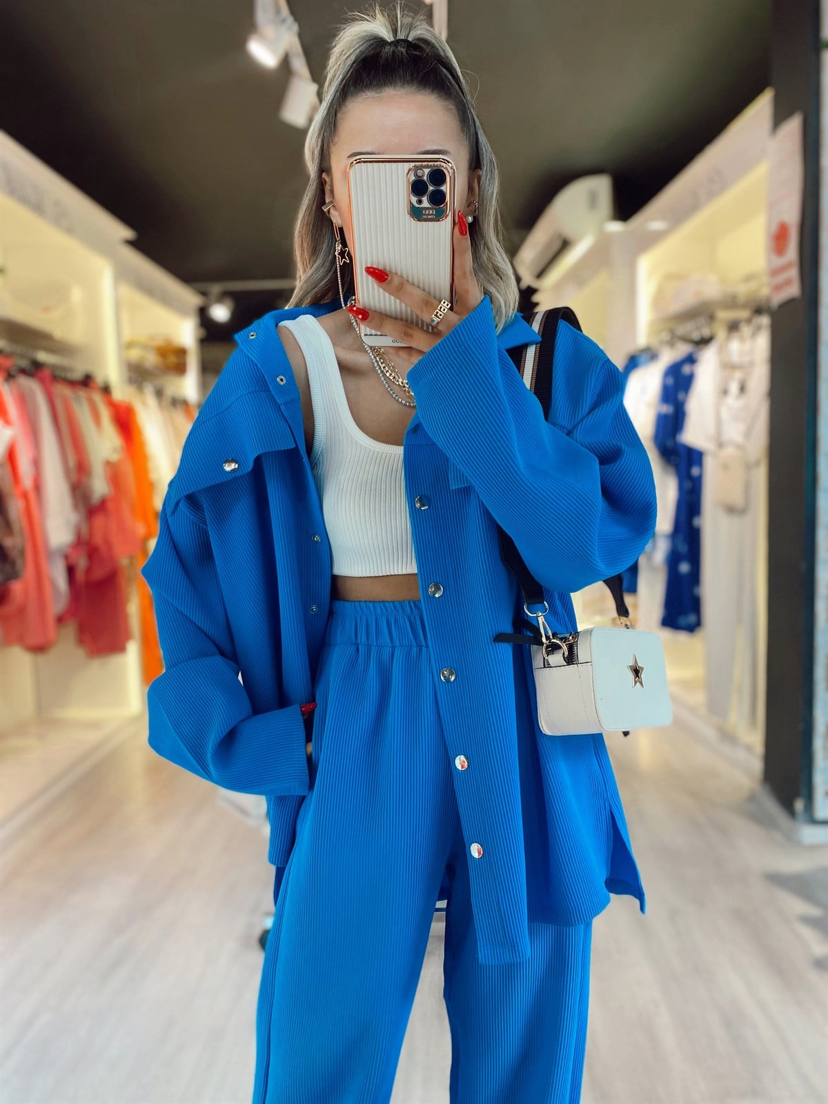 Mavi Yanı Yırtmaçlı Fitilli Duğmeli Ceket 