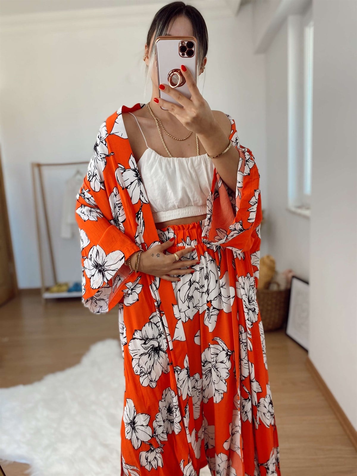 Mercan Rengi Desenli Kimono
