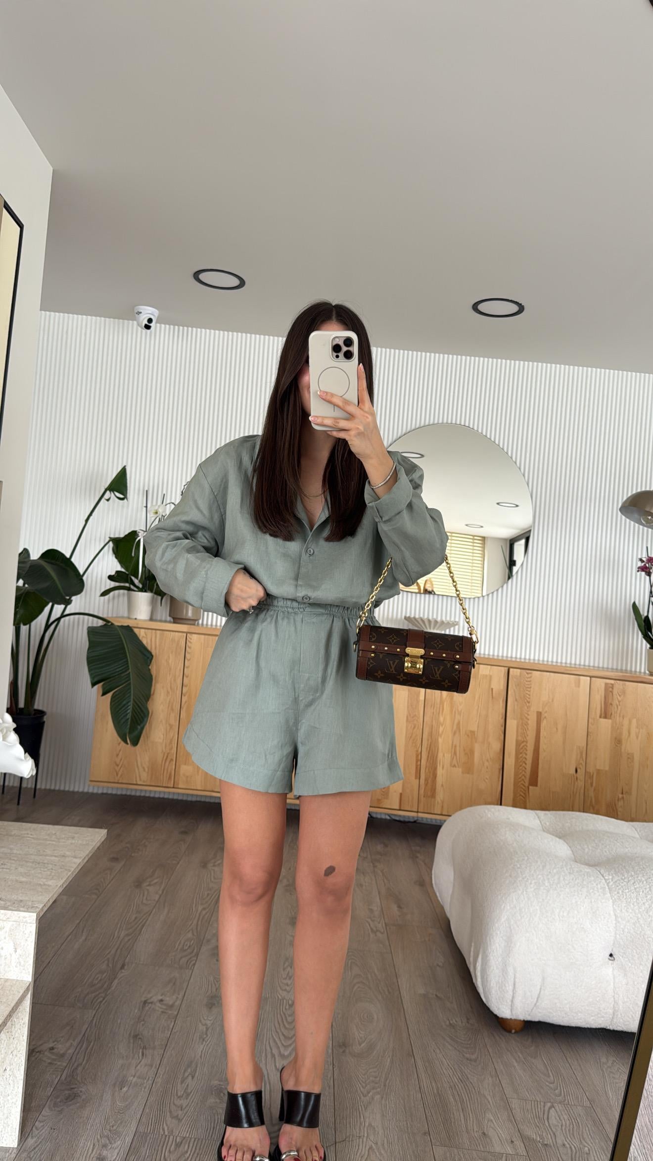 Mint Yeşili Bel Lastikli Keten Şort Takım 