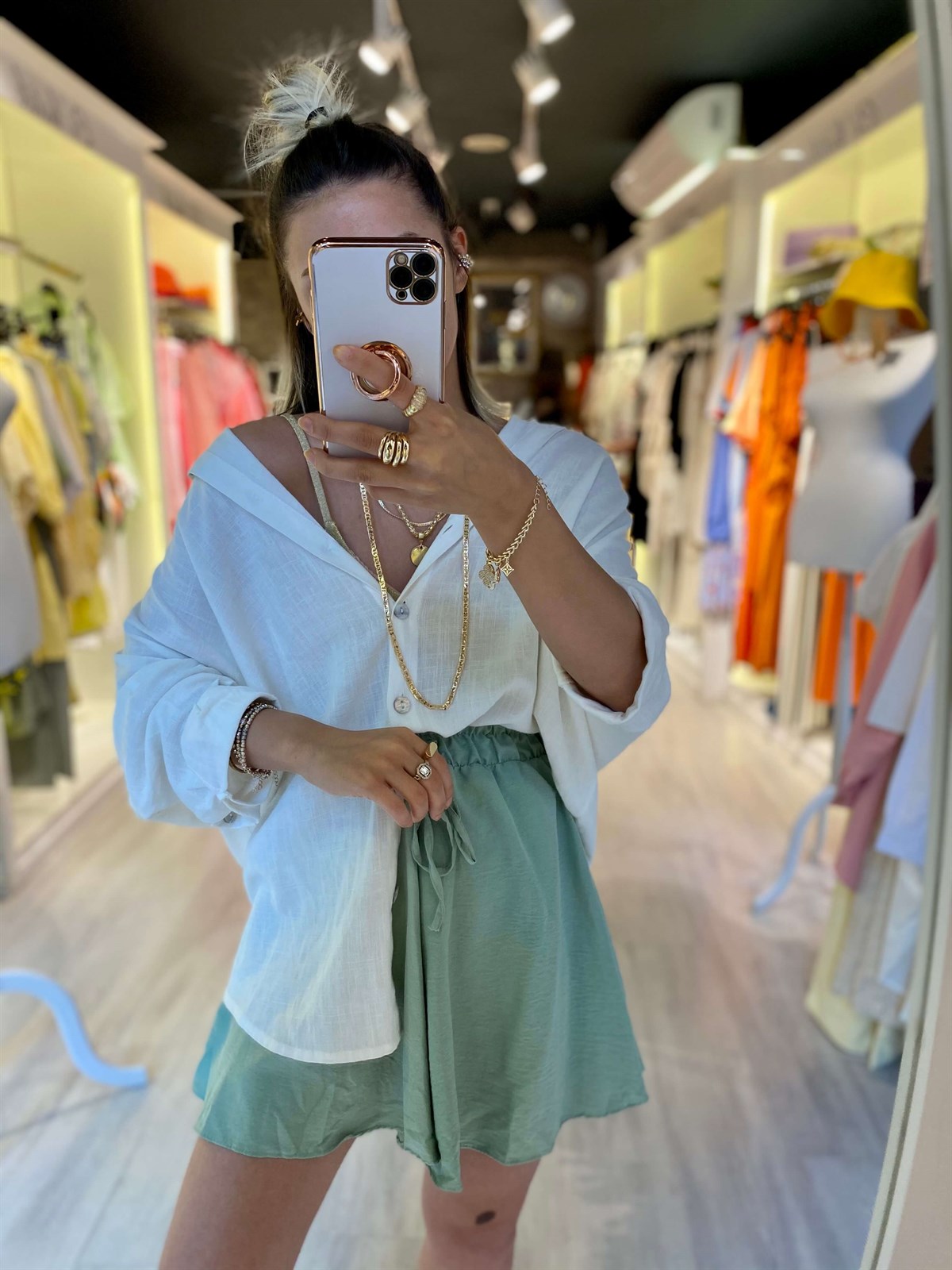 Mint Yeşili Beli Lastikli Etek Sort