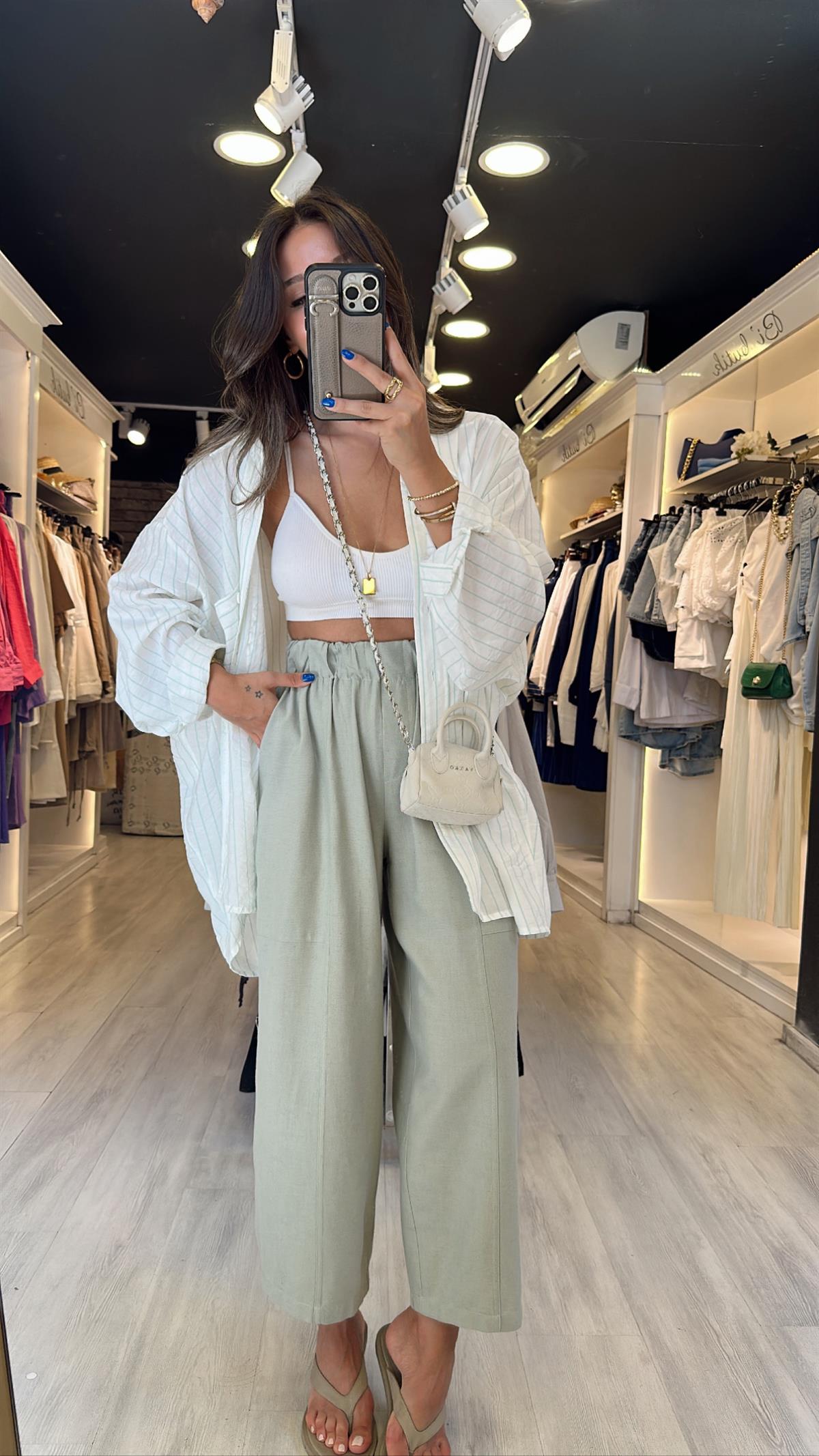Mint Yeşili Beli Lastikli Marka Model Bol Paça Keten Pantolon