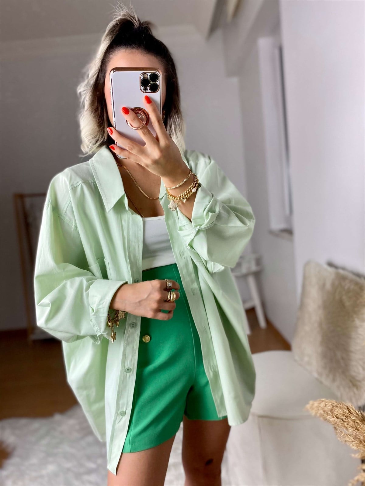 Mint Yeşili Düşük Omuzlu Oversize Gömlek