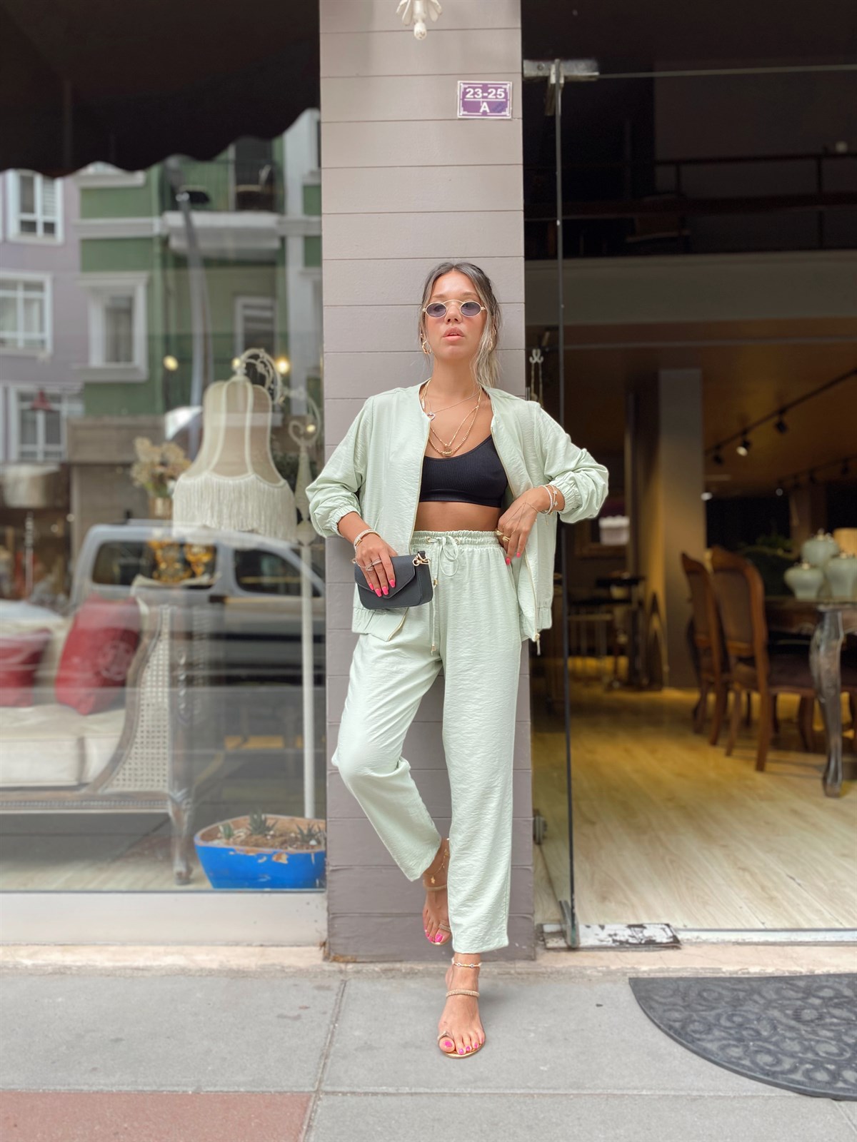 Mint Yeşili Gold Fermuarlı Hakim Yaka Takım